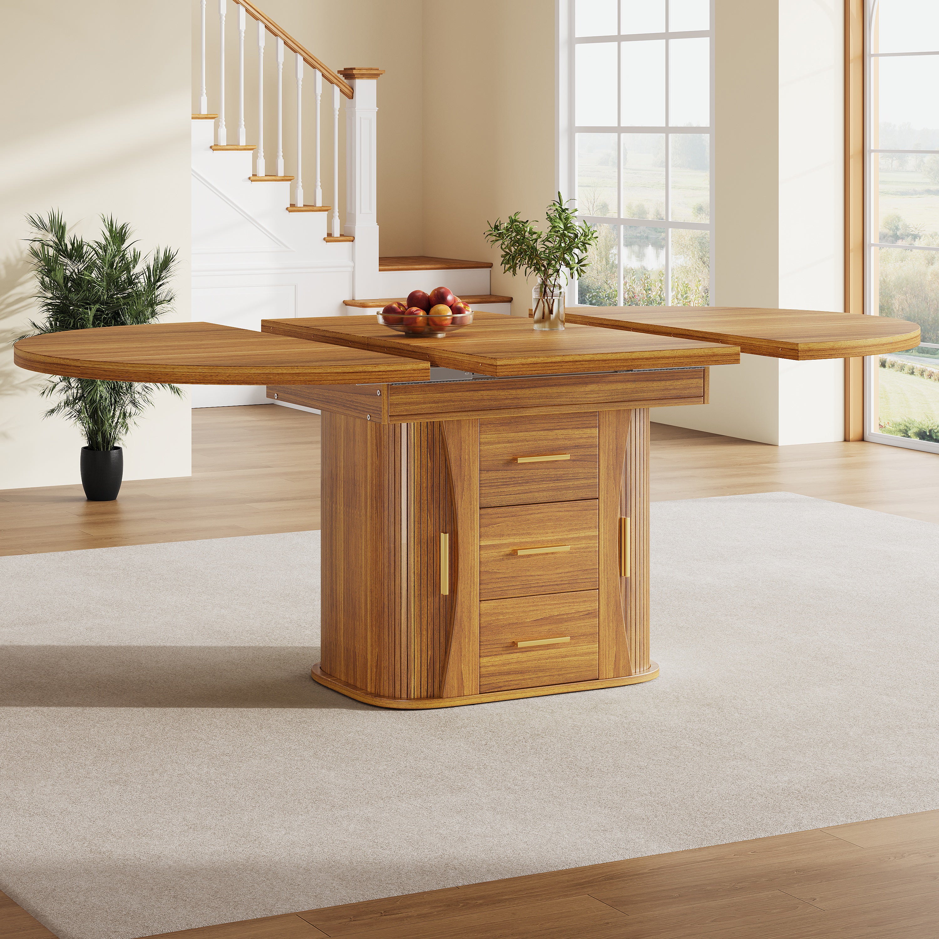 Extendable dining table, dining room table, kitchen table, round dining table, extends to oval, 118-158 cm, seats up to 6 people, three-tier storage, walnut