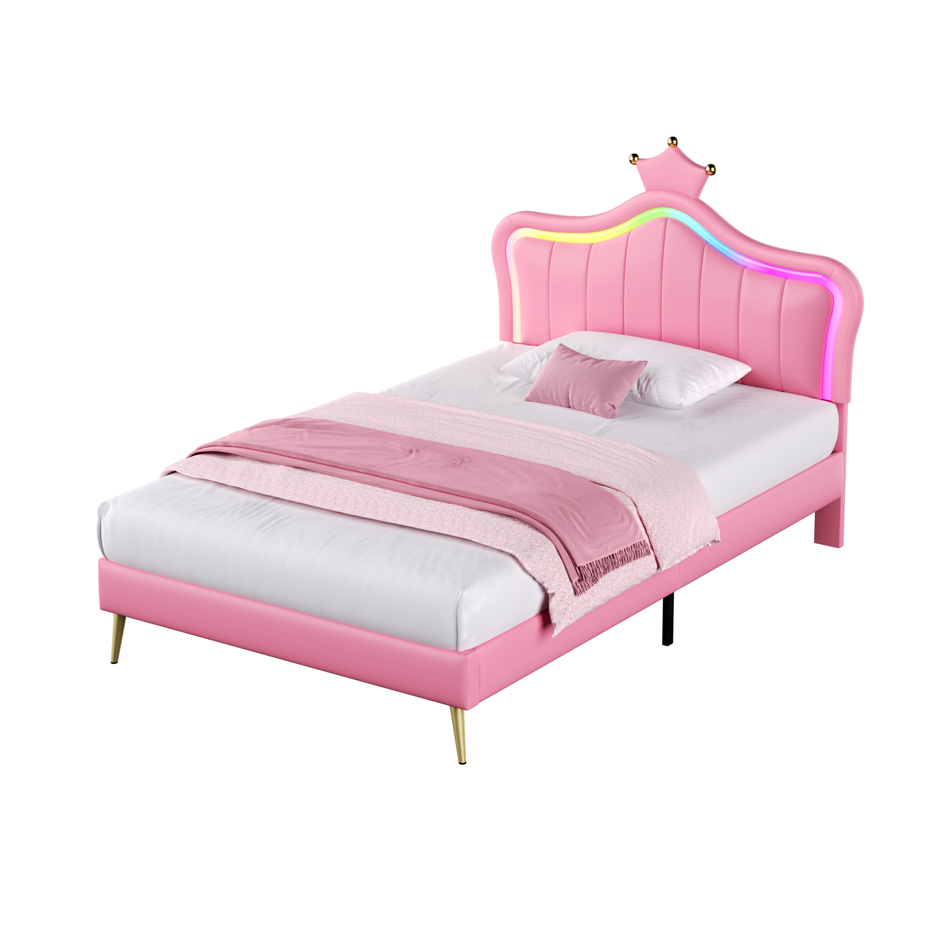 3ft Single Upholstered Bed with LED Adjustable Crown Shape Headboard, PU Leather Bed Frame with Solid Wood Slat, No Box Spring Needed, Easy Assembly, Pink (No Mattress)