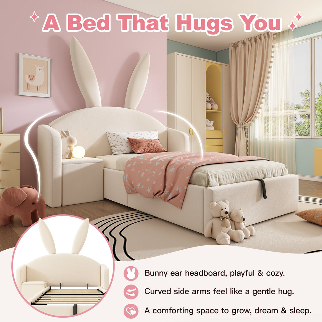 Bunny Ears Kids Bed, Single Upholstered Bed with Hydraulic Storage & Nightstand, Children Bed Frame for Girls Bedroom, 90 x 190 cm, Beige, No Mattress