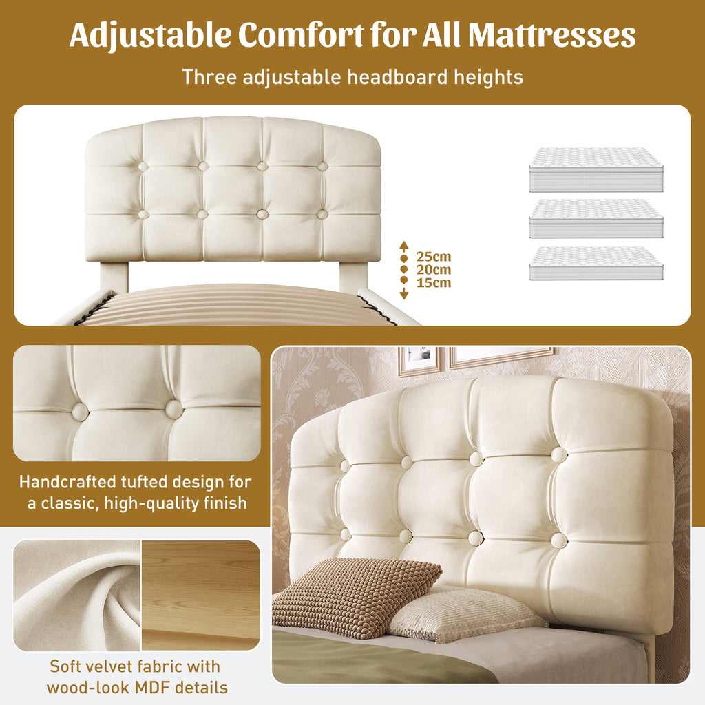 Upholstered Single Bed with Storage Compartments and Drawers, 3ft Single Bed with Adjustable Headboard, 90 x 190 cm, Velvet, Beige (No Mattress)