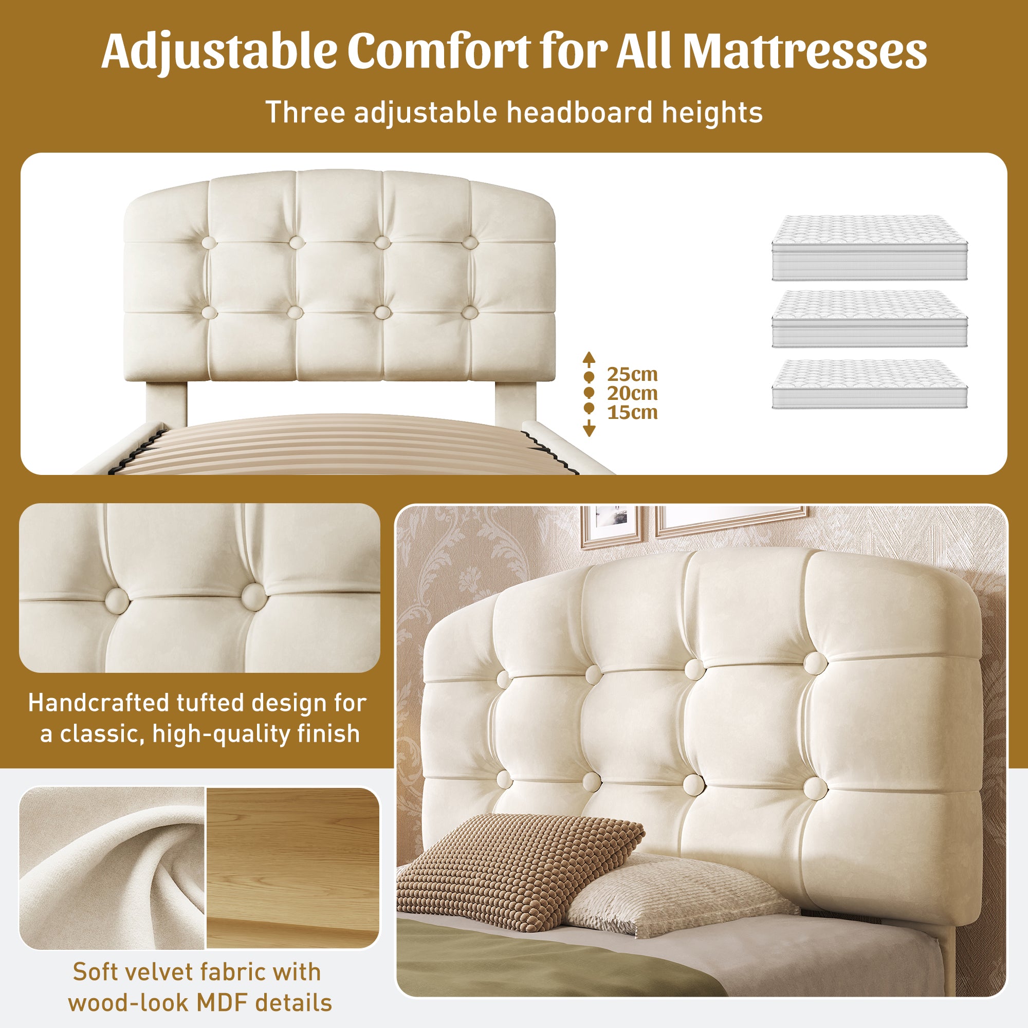 Upholstered Single Bed with Storage Compartments and Drawers, 3ft Single Bed with Adjustable Headboard, 90 x 190 cm, Velvet, Beige (No Mattress)