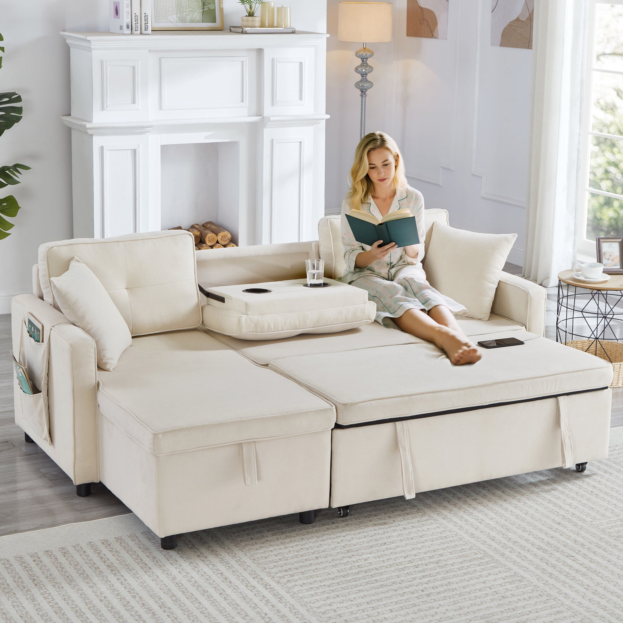 L-Shaped Pull Out Sleep Sofabed, Modern Reversible Sleeper Sectional Sofa, 3 in 1 Convertible Sofa Bed with Storage Chaise, Drop-Down Table, Cup Holders and Charging Ports (USB & Type-C), Beige