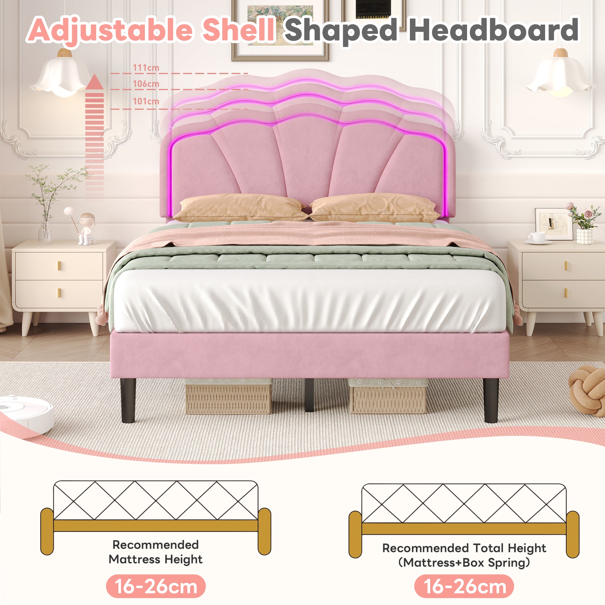 4ft6 Double Upholstered Bed with LED Adjustable Shell Shape Headboard, Soft Velvet Bed Frame with Solid Wood Slat, No Box Spring Needed, Easy Assembly, Pink (No Mattress)