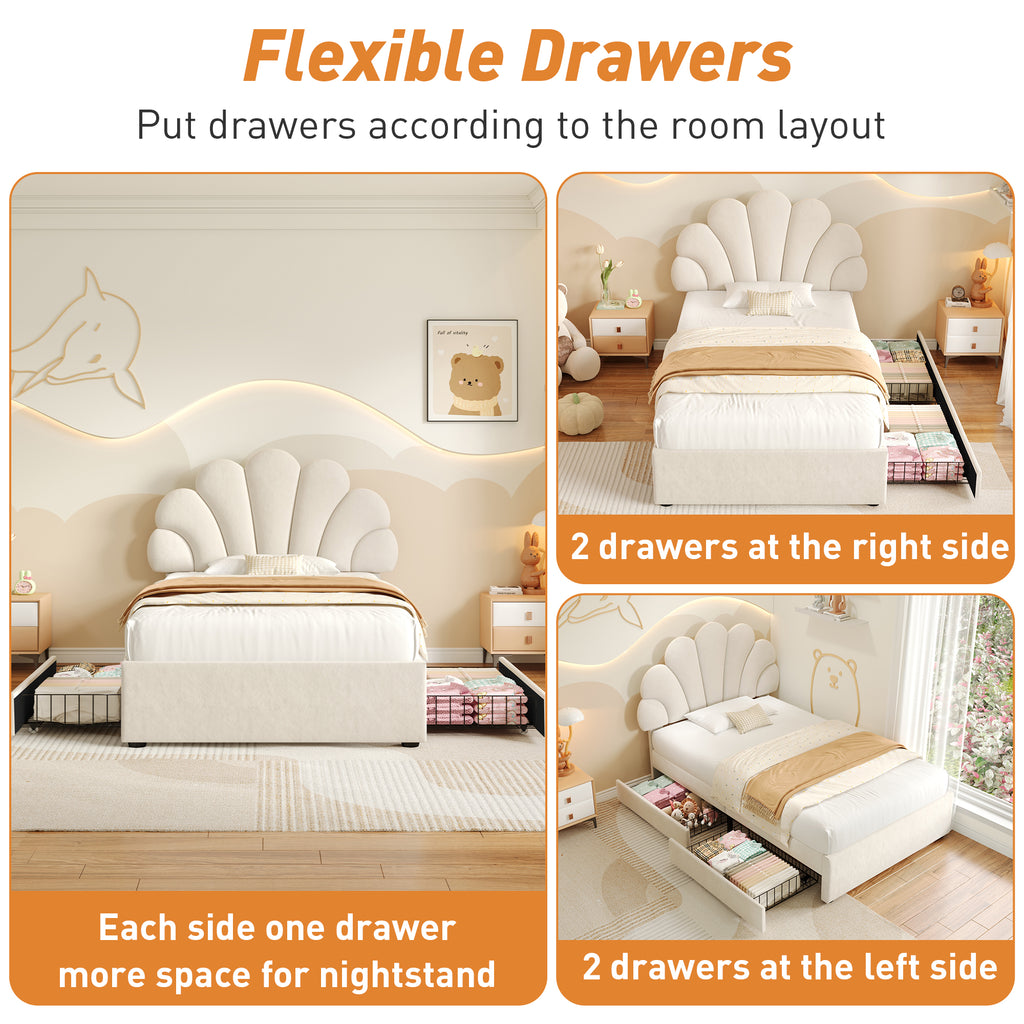 3ft Single Upholstered Bed with Adjustable Chic Petal Headboard, Soft Velvet Bed Frame with 2 Storage Drawers, Petal Bed with Solid Wood Slat, No Box Spring Needed, Easy Assembly, Beige (No Mattress)