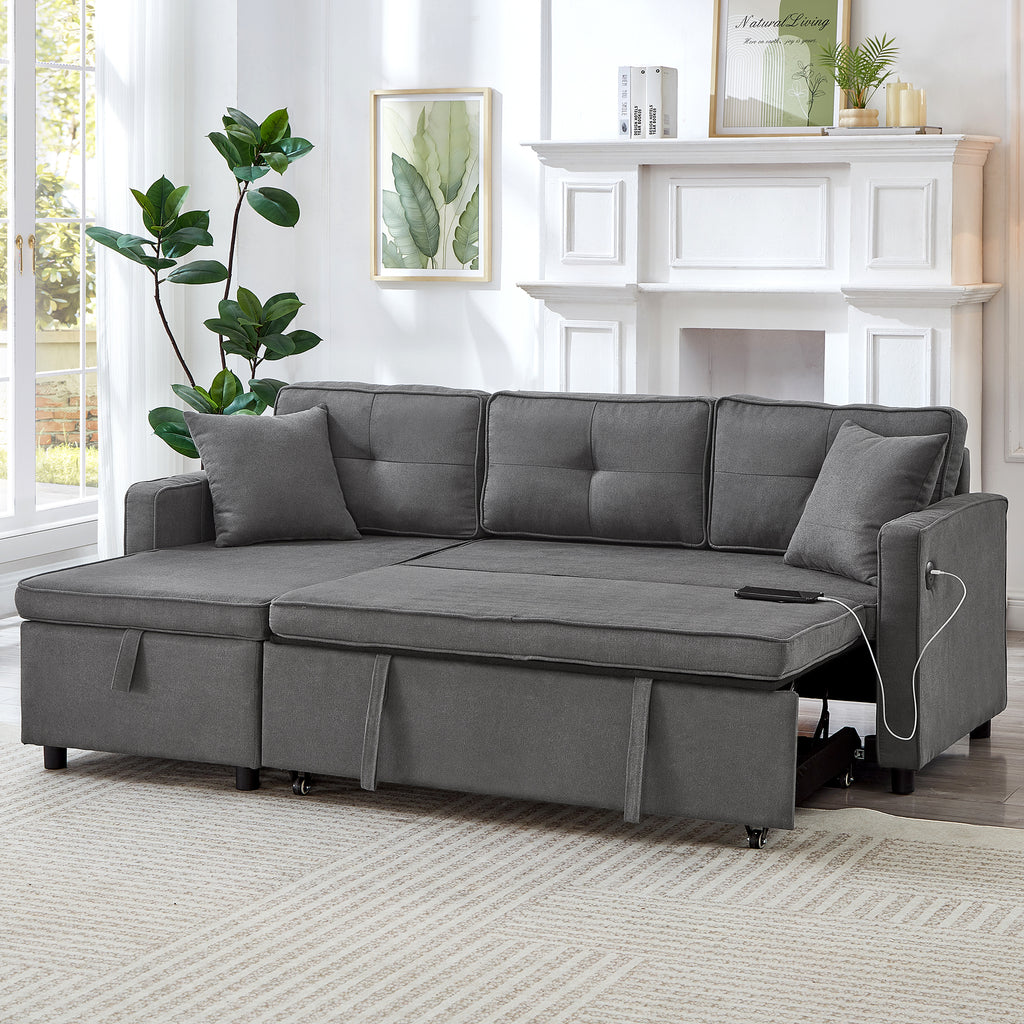 L-Shaped Pull Out Sleep Sofabed, Modern Reversible Sleeper Sectional Sofa, 3 in 1 Convertible Sofa Bed with Storage Chaise, Drop-Down Table, Cup Holders and Charging Ports (USB & Type-C), Grey