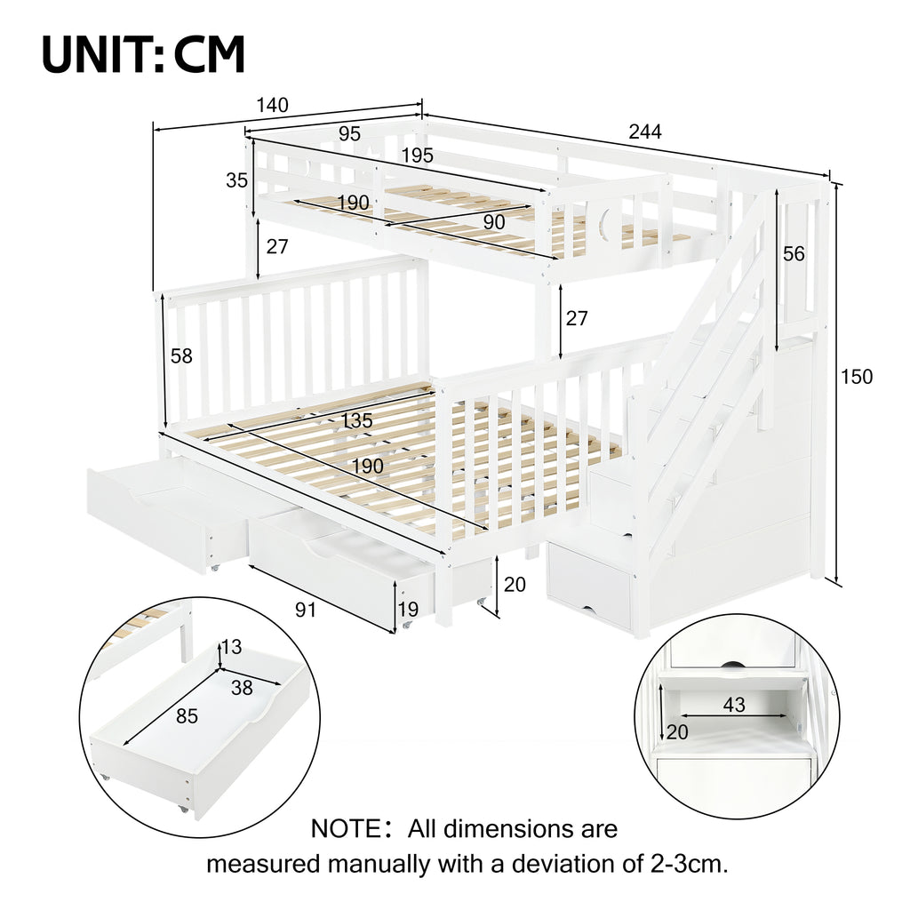 Bunk Beds for Kids, Double High Sleeper Bed Frame with Storage and Guardrail, Space-Saving Design with Drawer Storage, Children Cabin Bed with Storage Stair for Bedroom, Dorm, White (No Mattress)