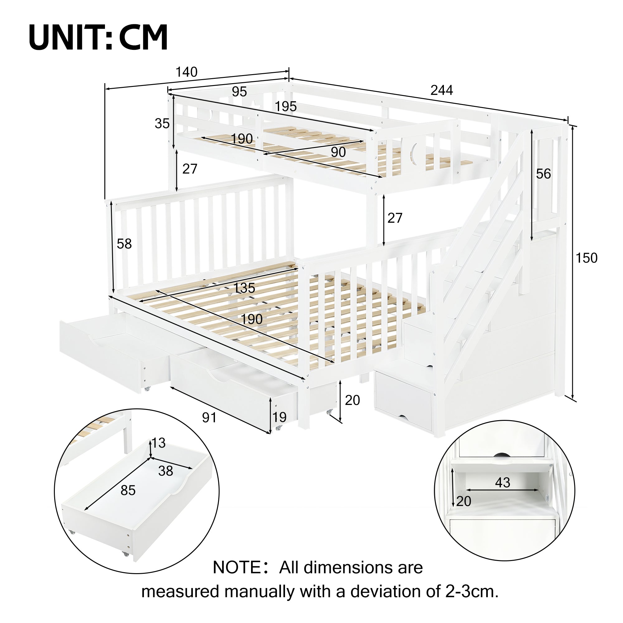Bunk Beds for Kids, Double High Sleeper Bed Frame with Storage and Guardrail, Space-Saving Design with Drawer Storage, Children Cabin Bed with Storage Stair for Bedroom, Dorm, White (No Mattress)