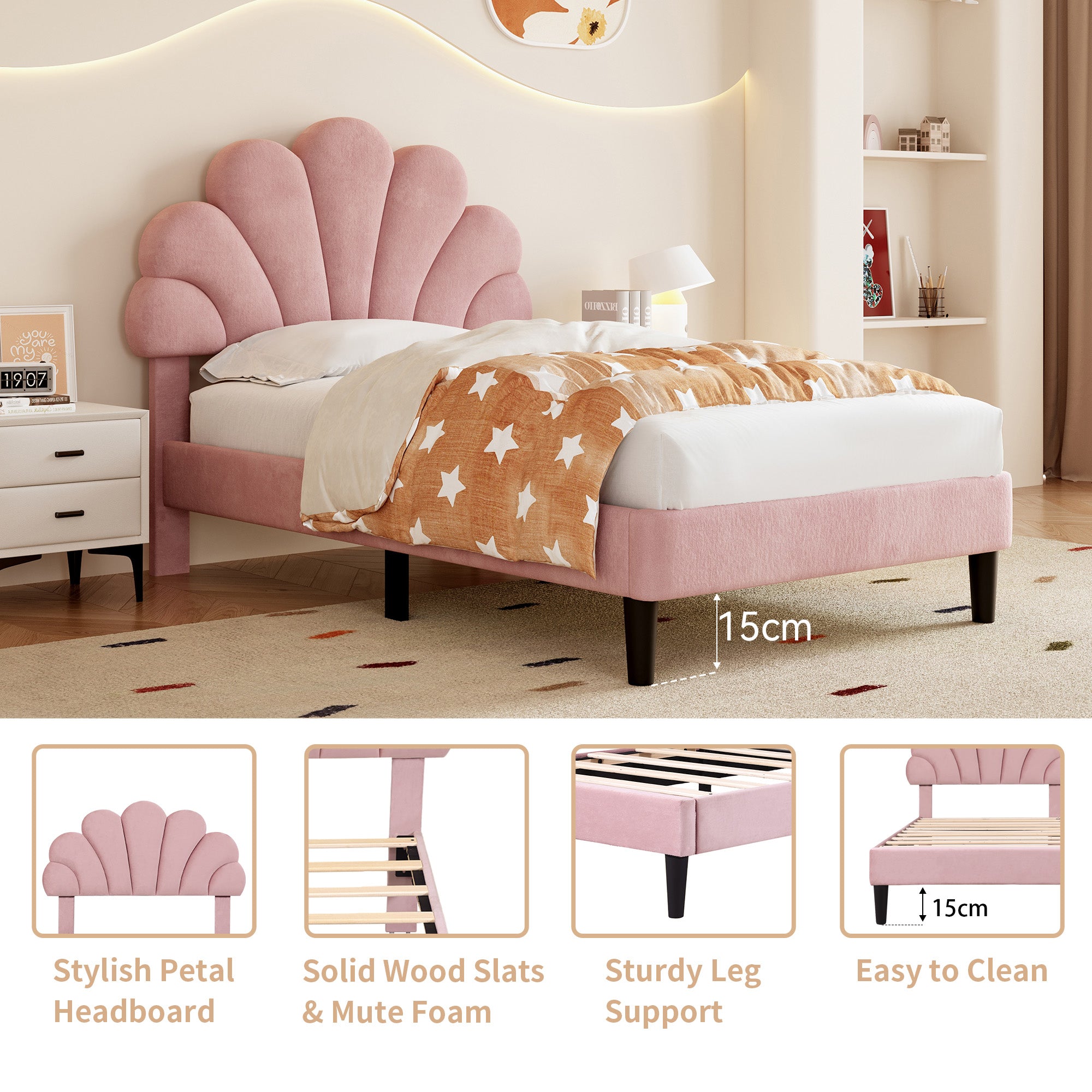 3ft Single Upholstered Velvet Bed Frame, with Adjustable Chic Petal Headboard, Velvet Platform Bed Frame with Solid Wood Slat, No Box Spring Needed, Easy Assembly, Pink