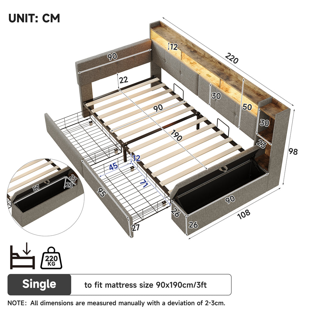 3ft Single LED Daybed with Storage Drawers and Bed End Ottoman Storage, Modern Linen Sofa Bed with Charging Station for Living Room/ Bedroom/ Study Room, 90X190cm, Grey (No Mattress)