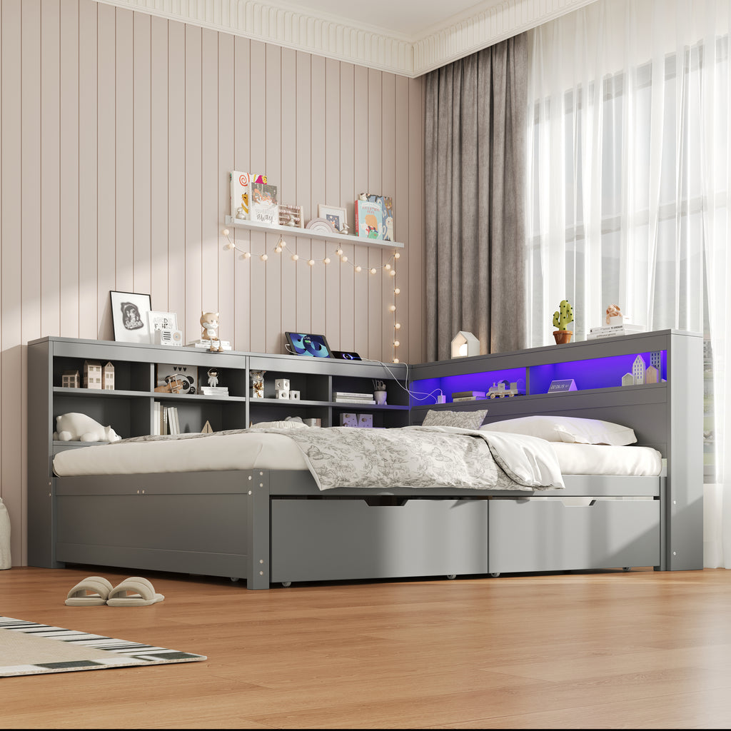 4ft6 Double Daybed with Two Storage Drawers and Beside Storage, LED Modern Bed frame with Charging Station, Wood Bed for Living Room/ Bedroom/ Study Room, 135X190cm, Easy Assembly, Grey (No Mattress)