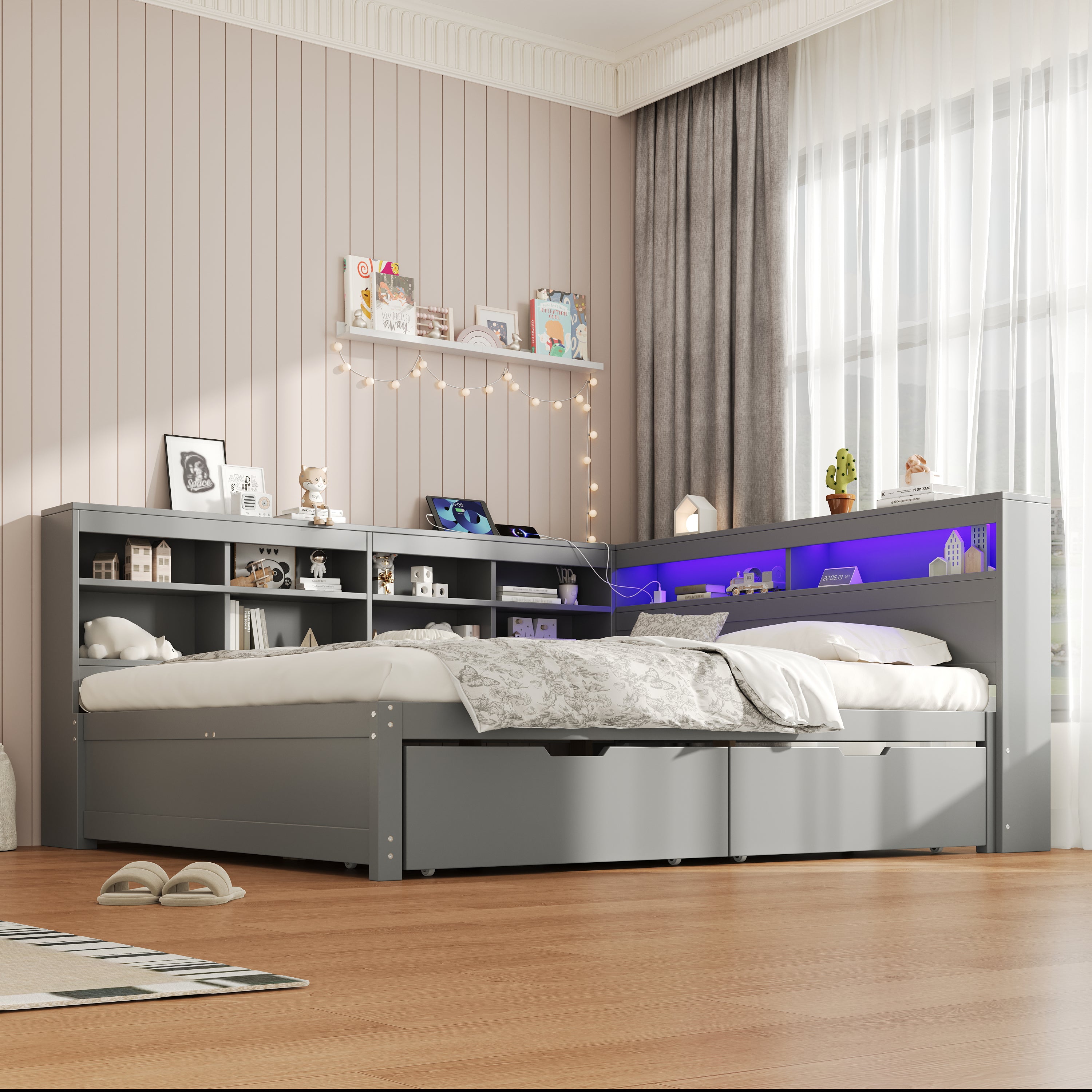 4ft6 Double Daybed with Two Storage Drawers and Beside Storage, LED Modern Bed frame with Charging Station, Wood Bed for Living Room/ Bedroom/ Study Room, 135X190cm, Easy Assembly, Grey (No Mattress)