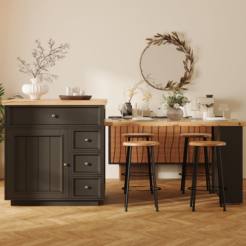 Extendable kitchen island (120-184 cm) with drawers and casters, mobile kitchen island with wood-look tabletop, versatile counter island for kitchen, dining room & bar counter, white/black