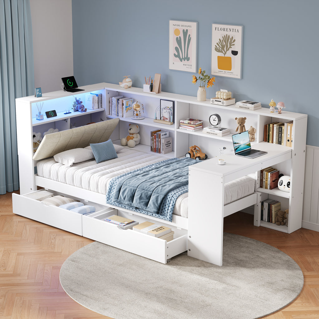 3ft Single L-Shape Daybed with Storage Drawers and Bookcase Storage, LED Linen Concealed Headboard Storage with Charging Station, Wood Bed for Living Room/ Bedroom/ Study Room, White (No Mattress)