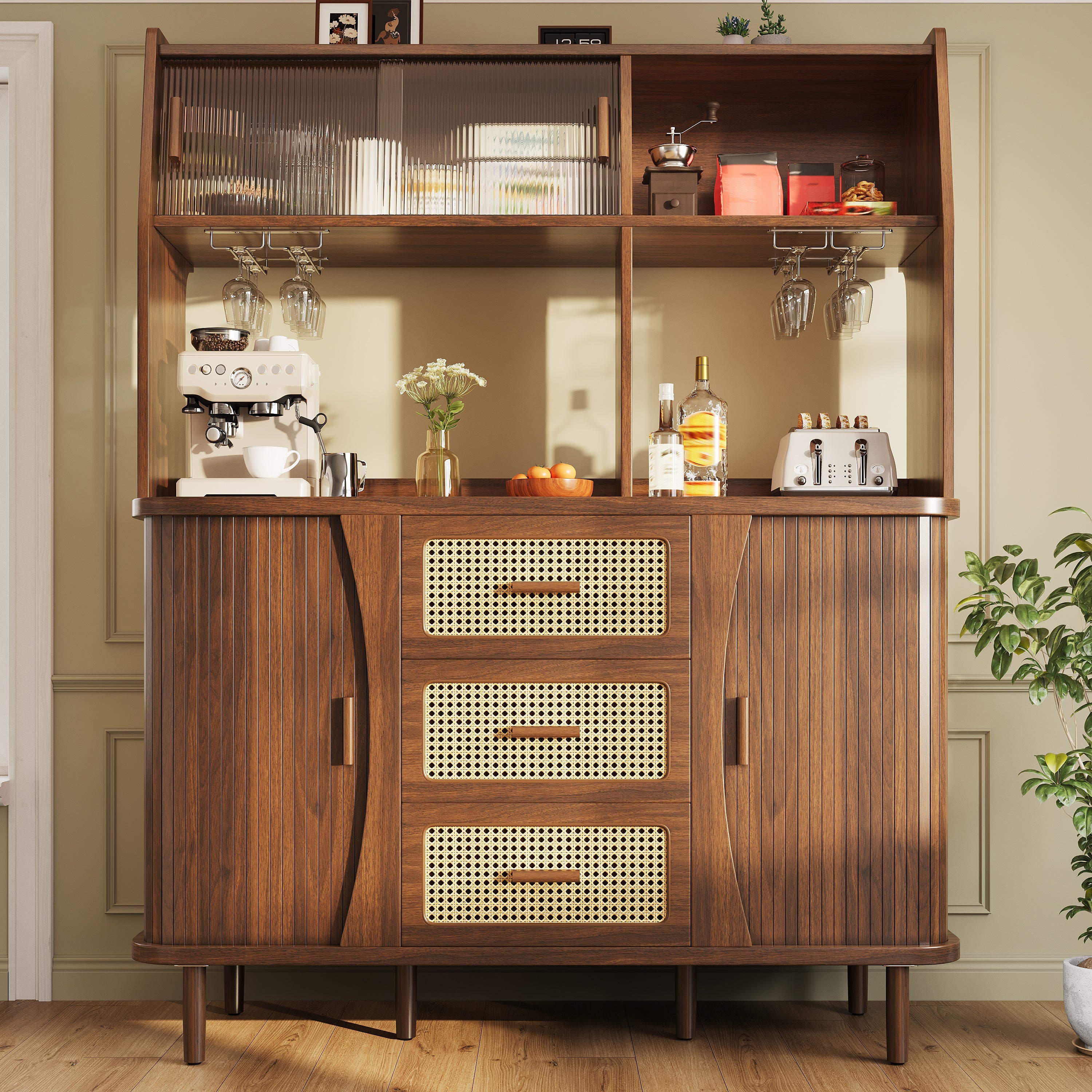 High-quality sideboard with rattan look and glass sliding doors, 174.5 cm high kitchen cabinet with storage space, natural wood/walnut look