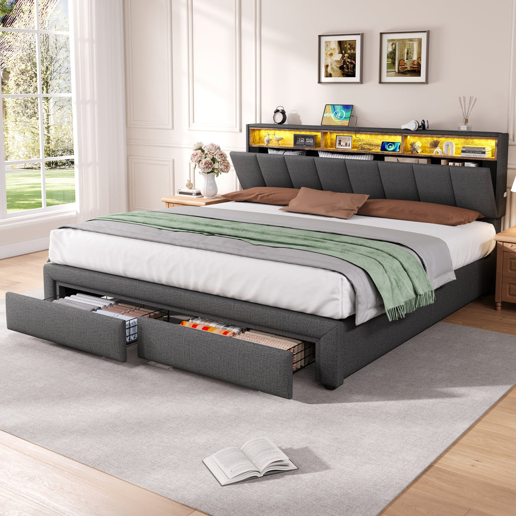 6ft Super King Upholstered Bed Frame with Hydraulic and Drawers Storage, LED Adjustable Headboard with Charging Station and Concealed Headboard Storage, Linen, No Box Spring Needed, Grey (No Mattress)