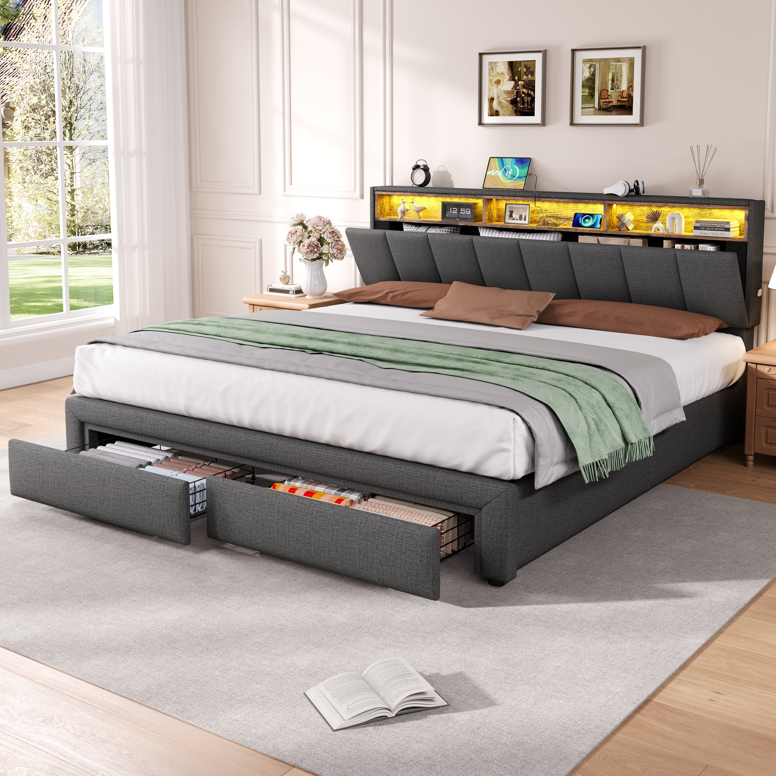 6ft Super King Upholstered Bed Frame with Hydraulic and Drawers Storage, LED Adjustable Headboard with Charging Station and Concealed Headboard Storage, Linen, No Box Spring Needed, Grey (No Mattress)