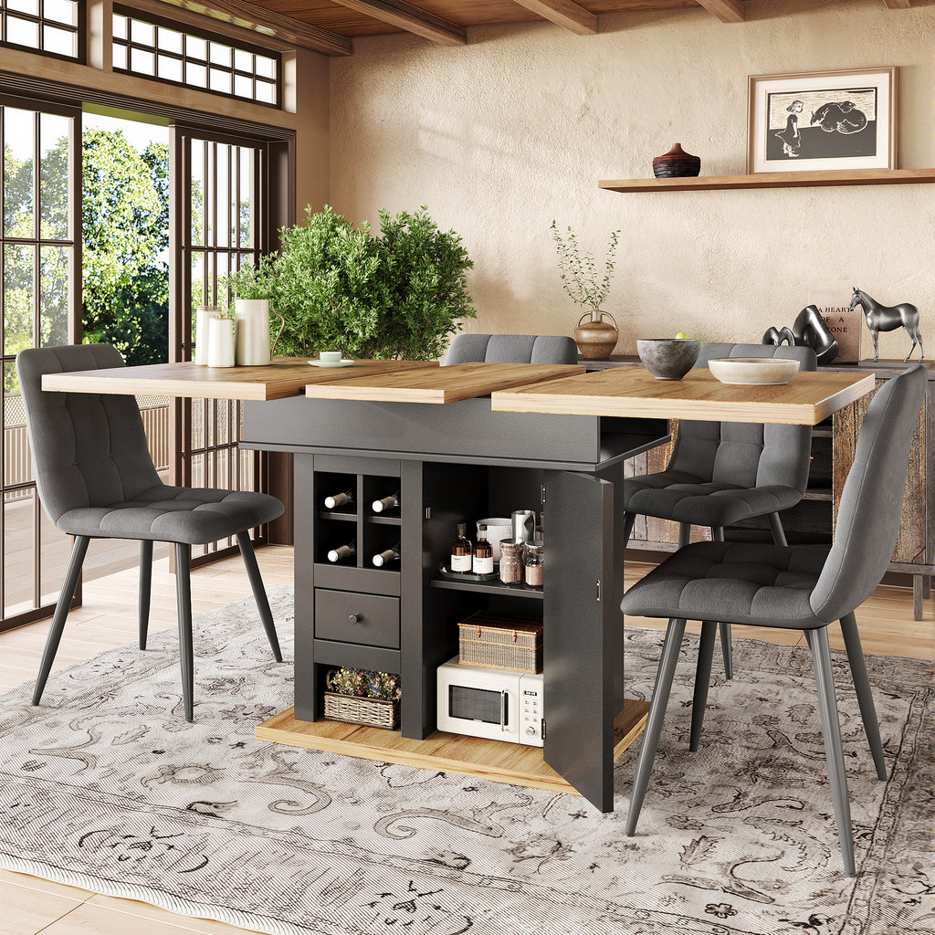 Telescopic dining table (110-140×80cm), foldable kitchen table for 4-6 people, extendable dining table, space-saving kitchen table, for kitchen and living room, dining table with wine rack and drawers