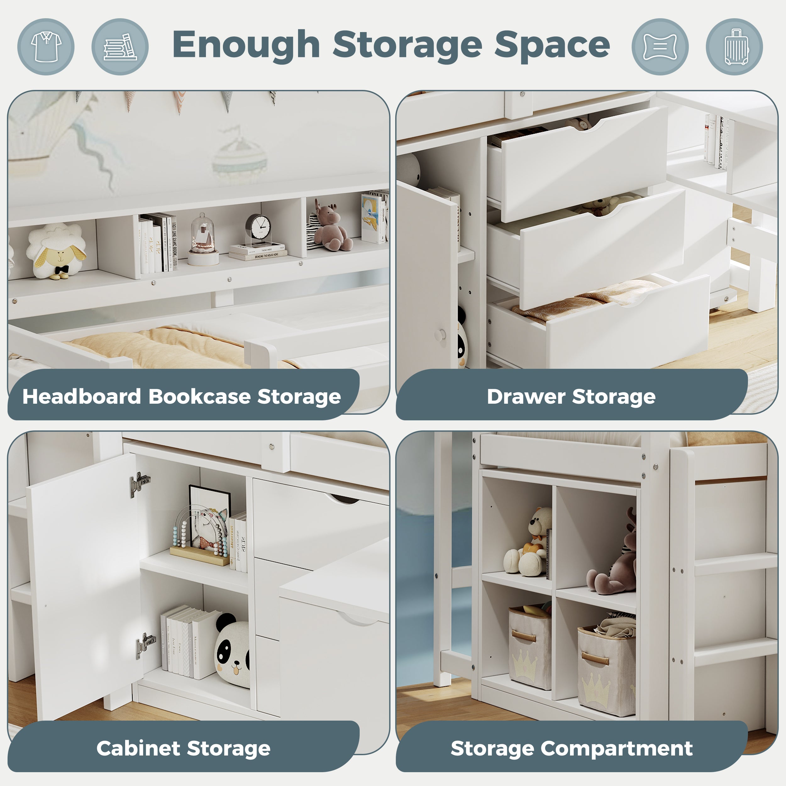 3ft Single Wooden Storage Bed with Pull-out Desk, Modern Wood Bed with Three Drawers, Storage Cabinet & Headboard Shelves, Space-saving Design with Storage Compartment, White (No Mattress)