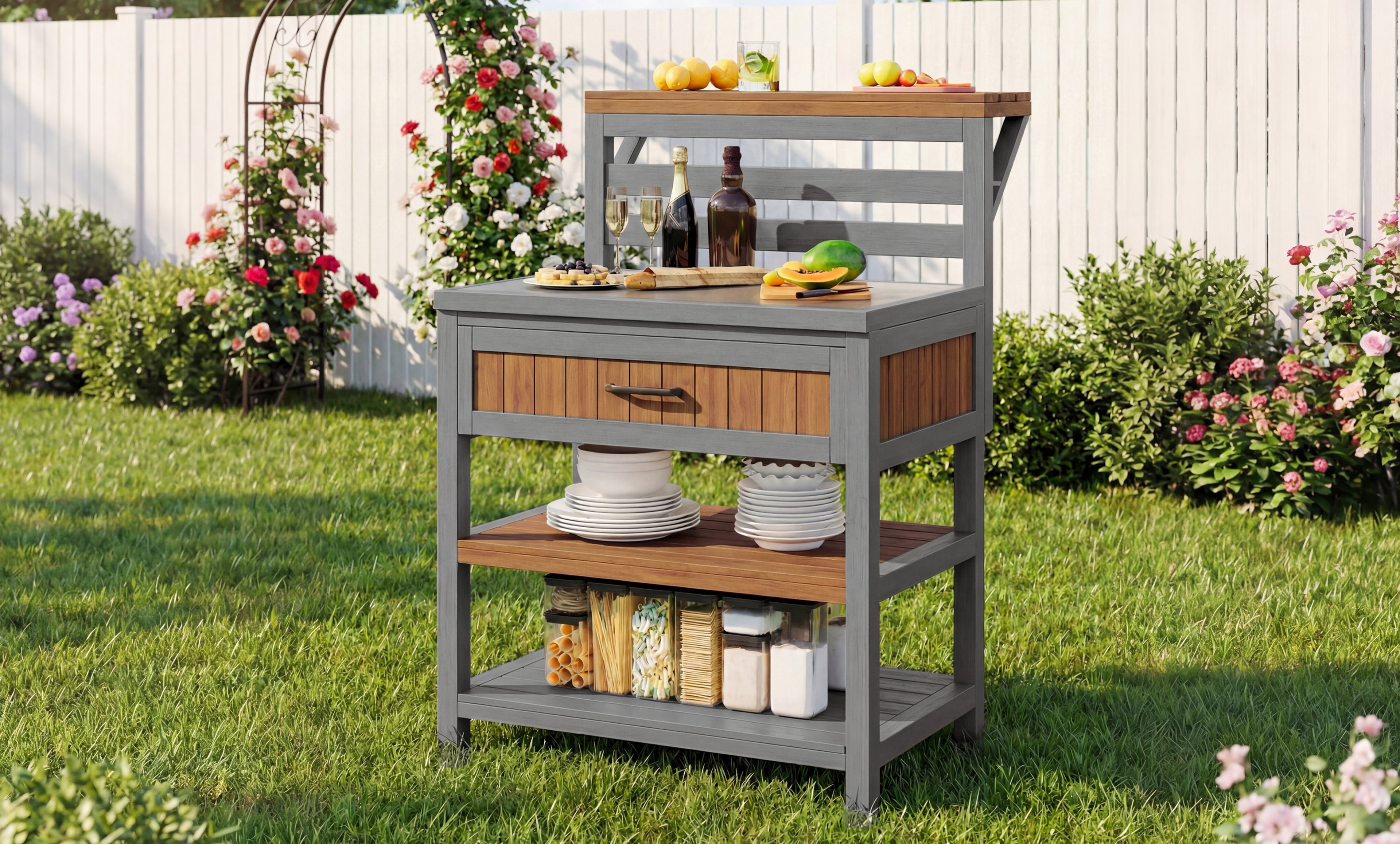 Wooden outdoor garden cabinet, outdoor cabinet with stainless steel worktop & large drawer, barbecue station with double shelf, tilt-proof design, weather-resistant kitchen cabinet for patios