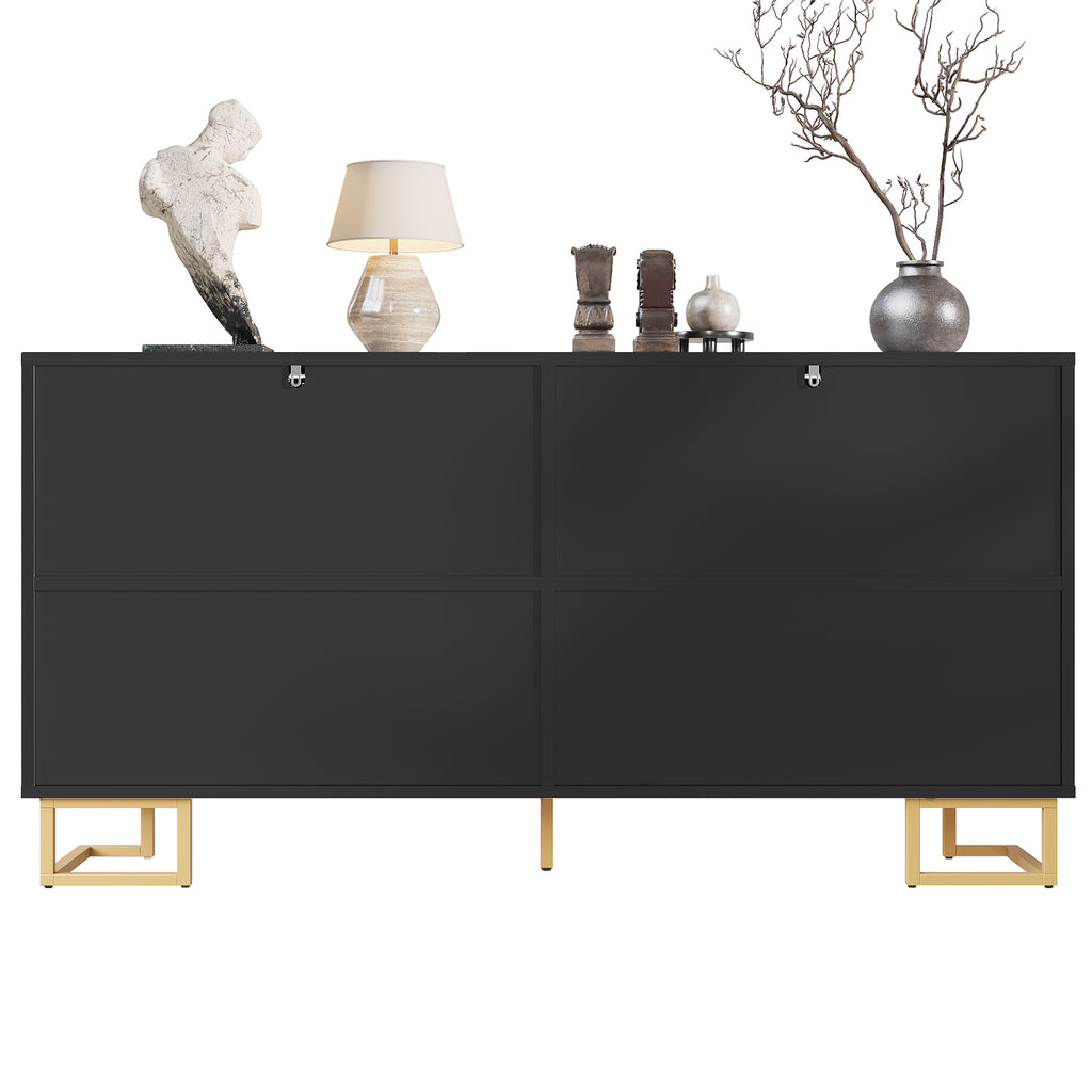 Black sideboard (152 x 40 x 75 cm) features a unique geometric design and gold handles and feet for an elegant feel