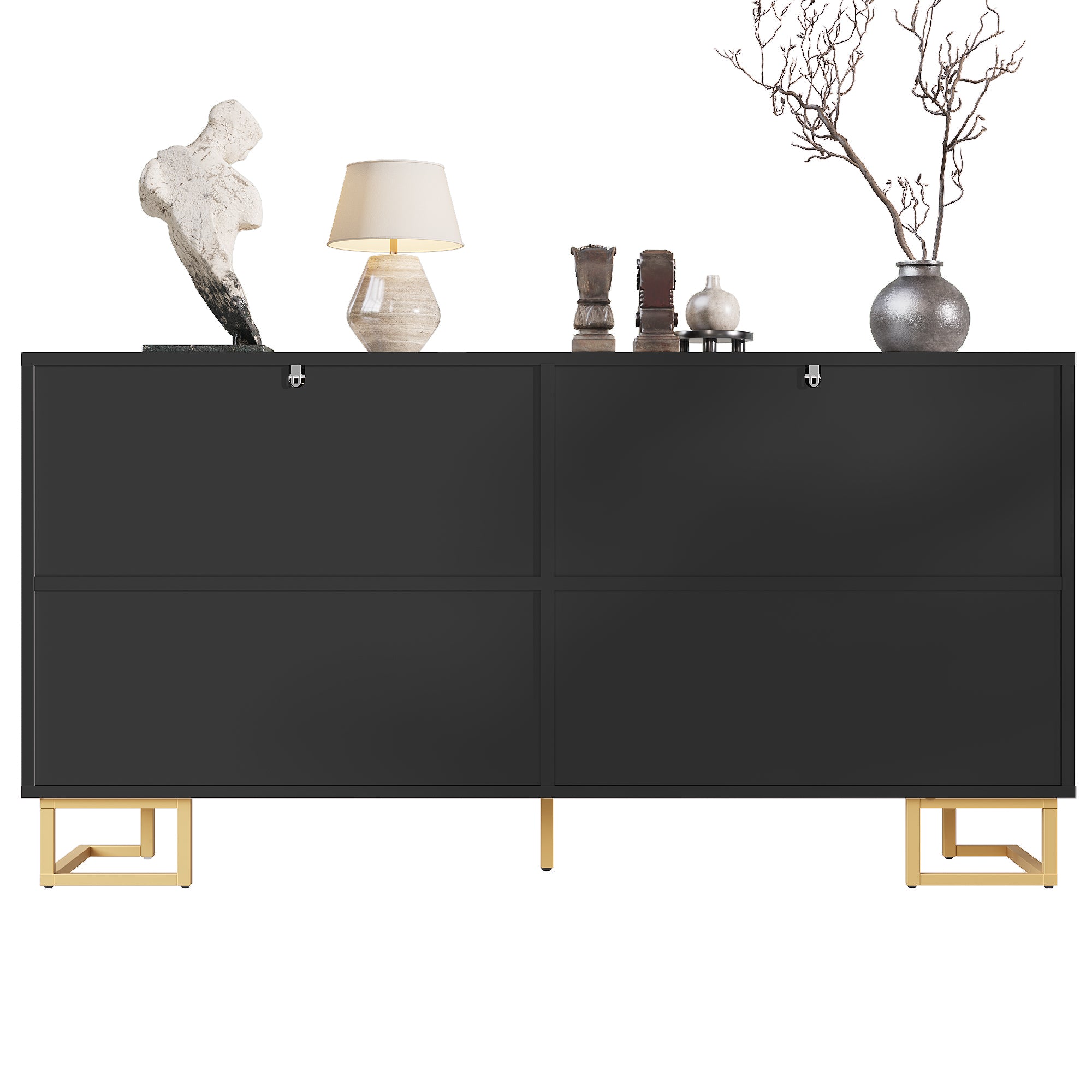 Black sideboard (152 x 40 x 75 cm) features a unique geometric design and gold handles and feet for an elegant feel