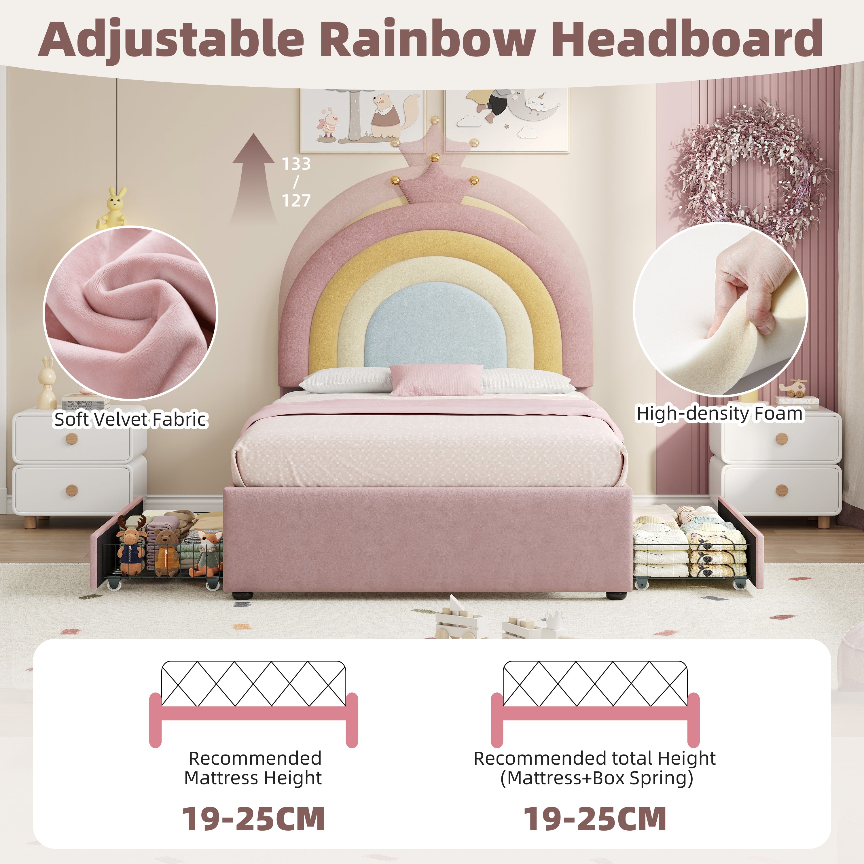 3ft Single Upholstered Bed with Adjustable Rainbow Crown Headboard, Soft Velvet Bed Frame with Flexible Storage Drawers, No Box Spring Needed, Pink (No Mattress)
