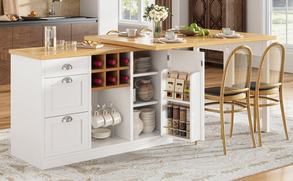 Extendable Sideboard & Dining Table Combo, 3 Drawers & Snack rack & Wine rack, Space-Saving Sideboard for Small Flats, White/Black