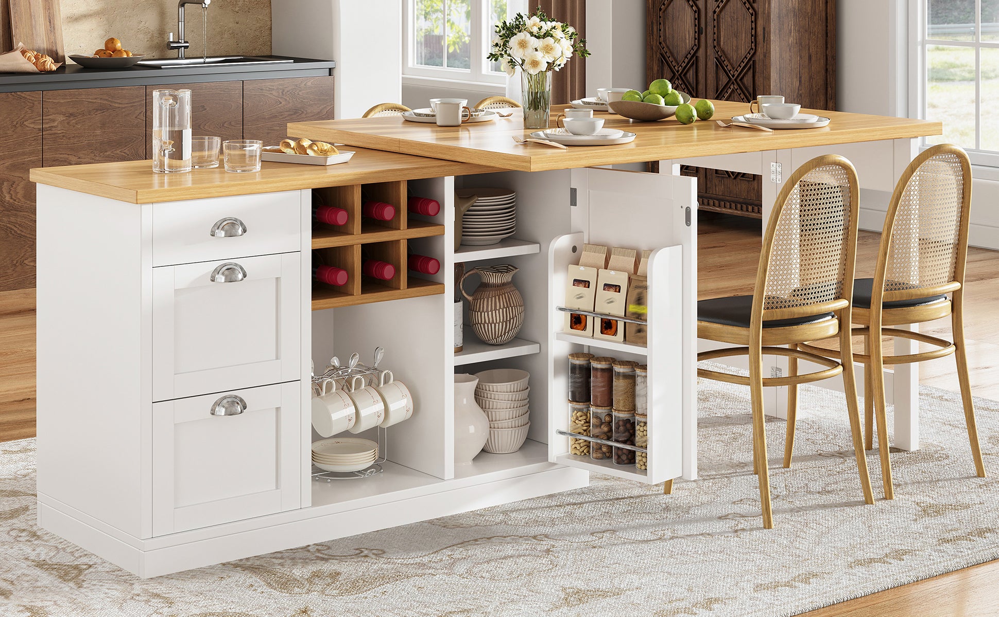Extendable Sideboard & Dining Table Combo, 3 Drawers & Snack rack & Wine rack, Space-Saving Sideboard for Small Flats, White/Black