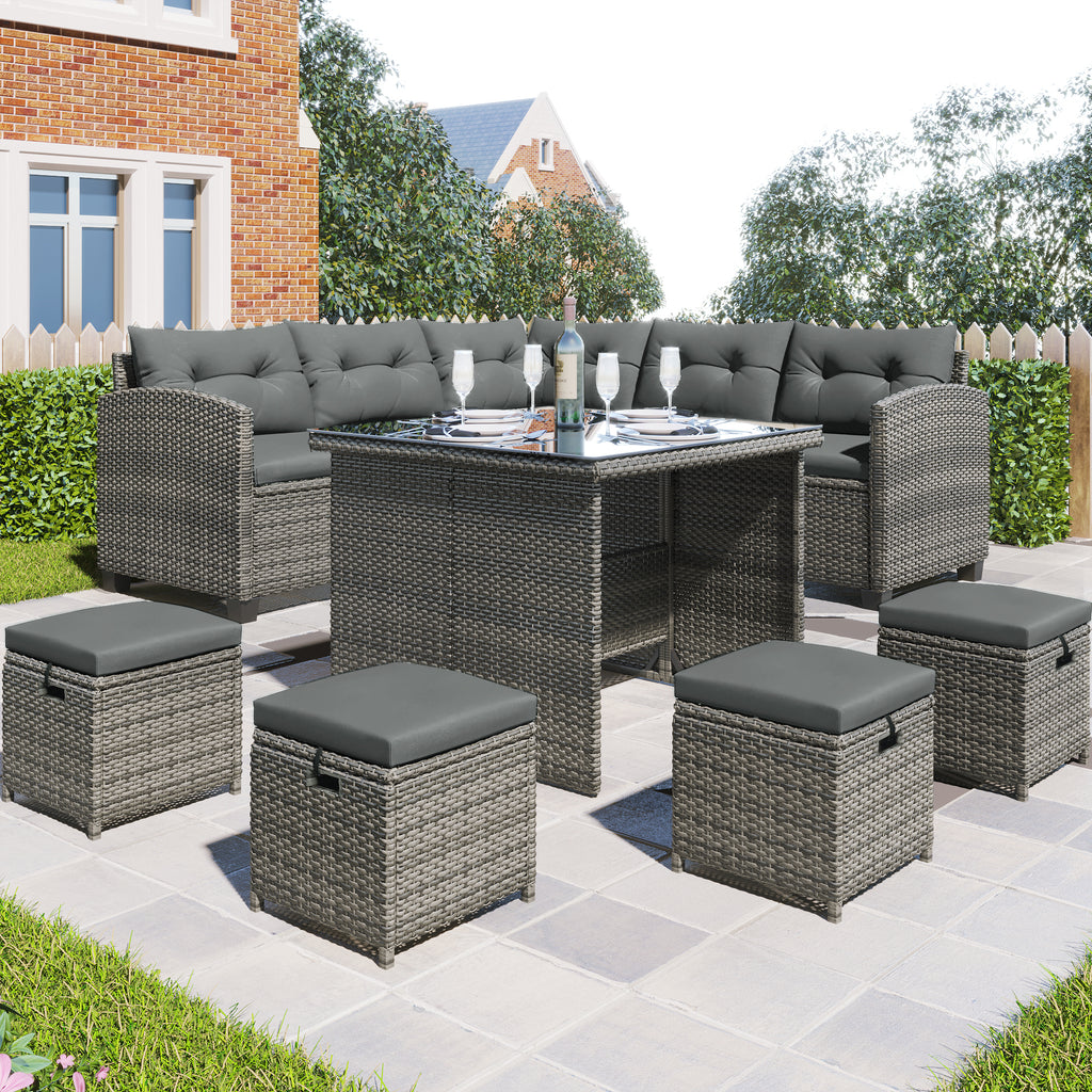 Patio Furniture Set, 8 Piece Patio Dining Sofa Set, All Weather Wicker Rattan Sofa with Dining Table & Chair & 4 Ottoman, Grey wicker + Grey cushions