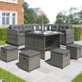 Patio Furniture Set, 8 Piece Patio Dining Sofa Set, All Weather Wicker Rattan Sofa with Dining Table & Chair & 4 Ottoman, Grey wicker + Grey cushions