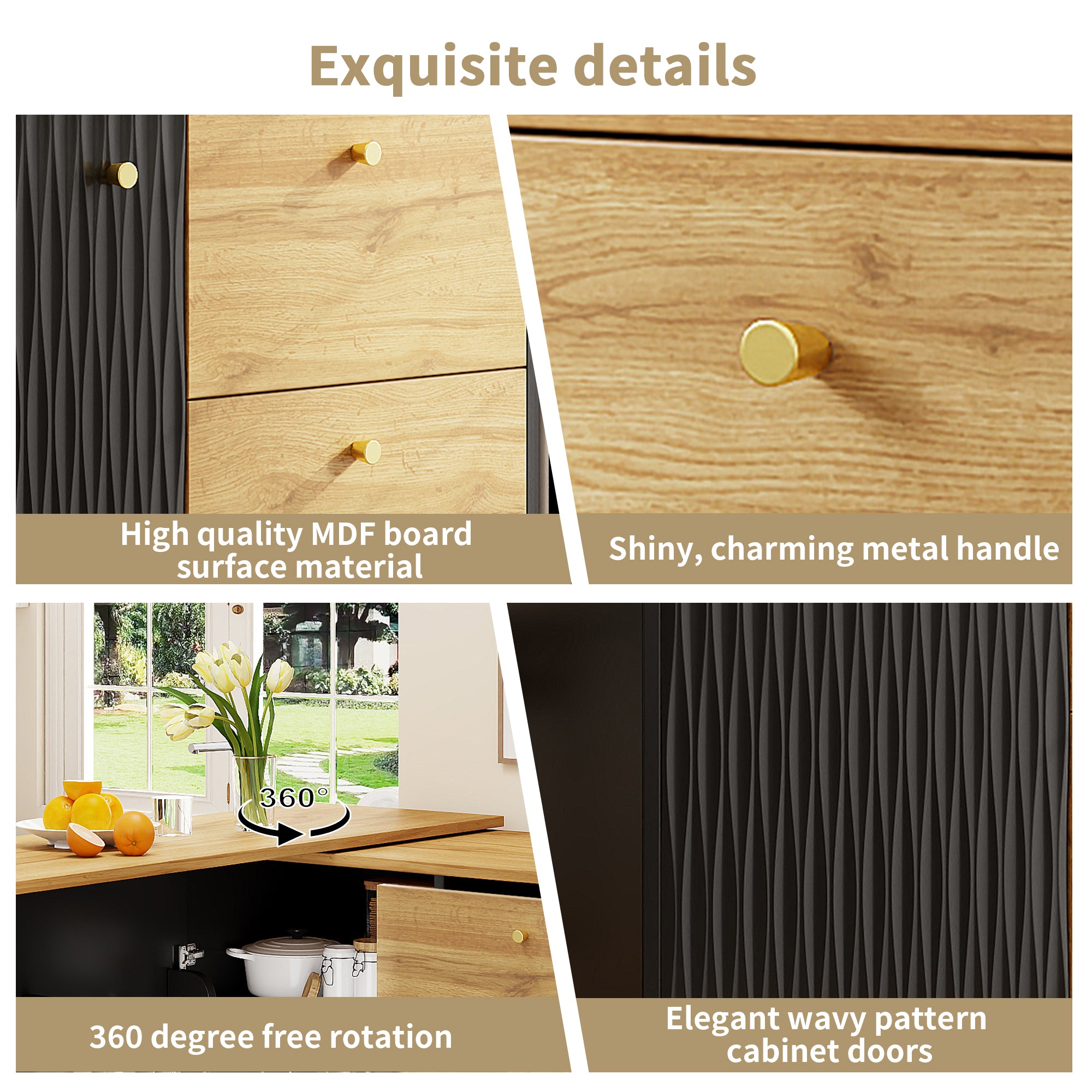 Extendable bar table with storage space (138–204 × 39 × 104 cm), 360° rotating dining bar, modern mobile bar table, high table kitchen island bistro table, sideboard with wood grain finish