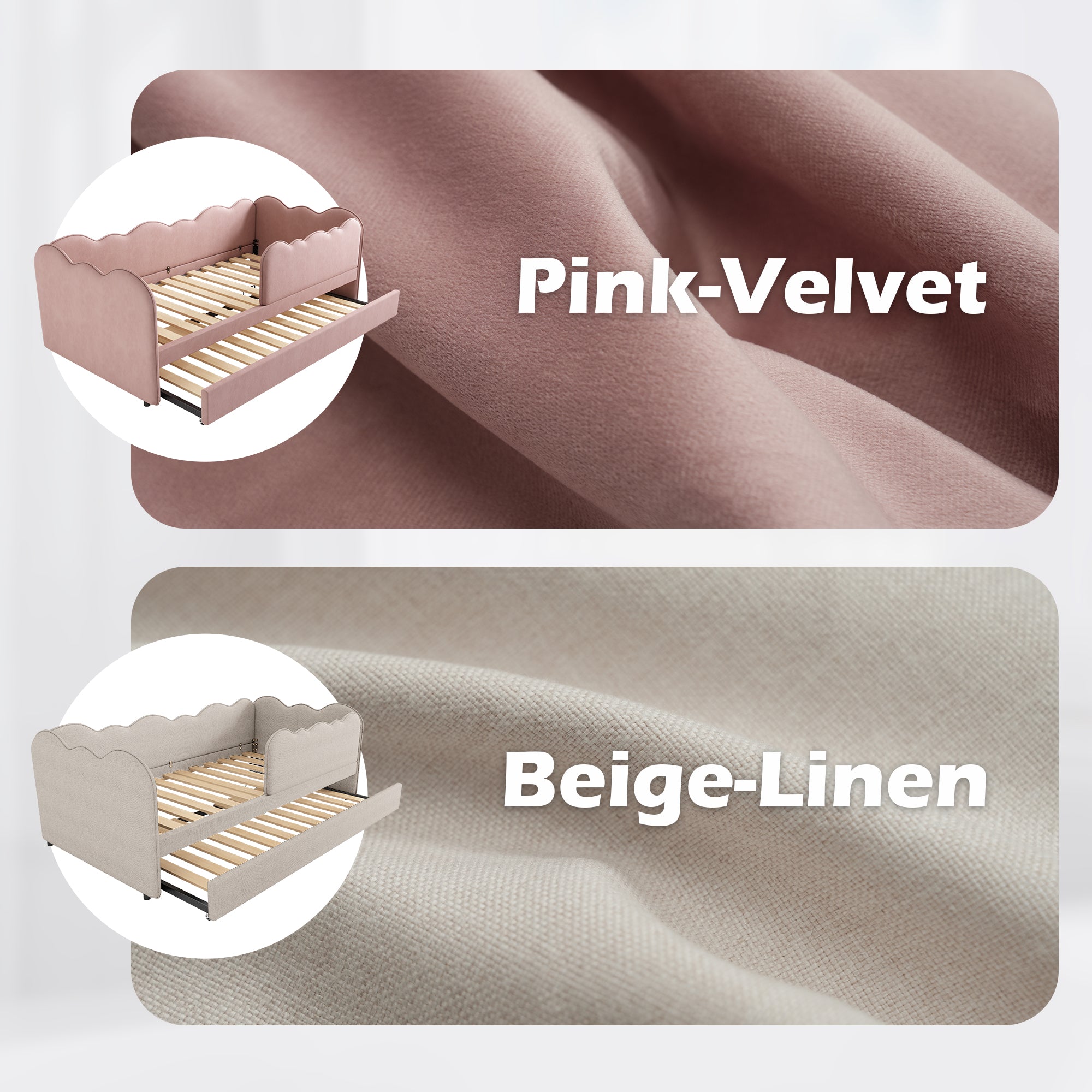 Upholstered Bed Daybed 90 x 190 cm, 3FT Single Bed with Pull out Trundle, Sofa Bed For Adults and Children, Single Daybed With Slatted Frame, Velvet, Pink (No Mattress)