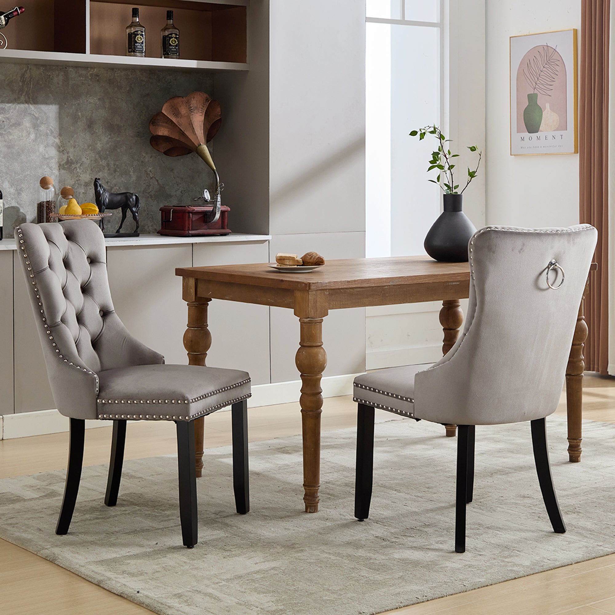 Modern Set of 6 Upholstered Velvet Dining Chairs, Button Tufted Kitchen Lounge Chairs with Solid Wood Legs, Riveted Trim and Knocker Ring, for Dining Room Living Room, Grey