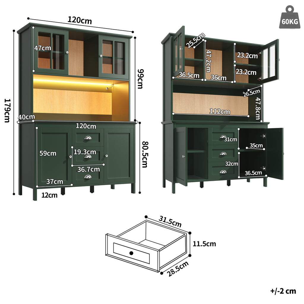 Sideboard, Storage Cabinet, Kitchen Cabinet, Tall Sideboard with LED Lighting, 120x40x179 cm, 4 Doors & 3 Drawers, Black/Green