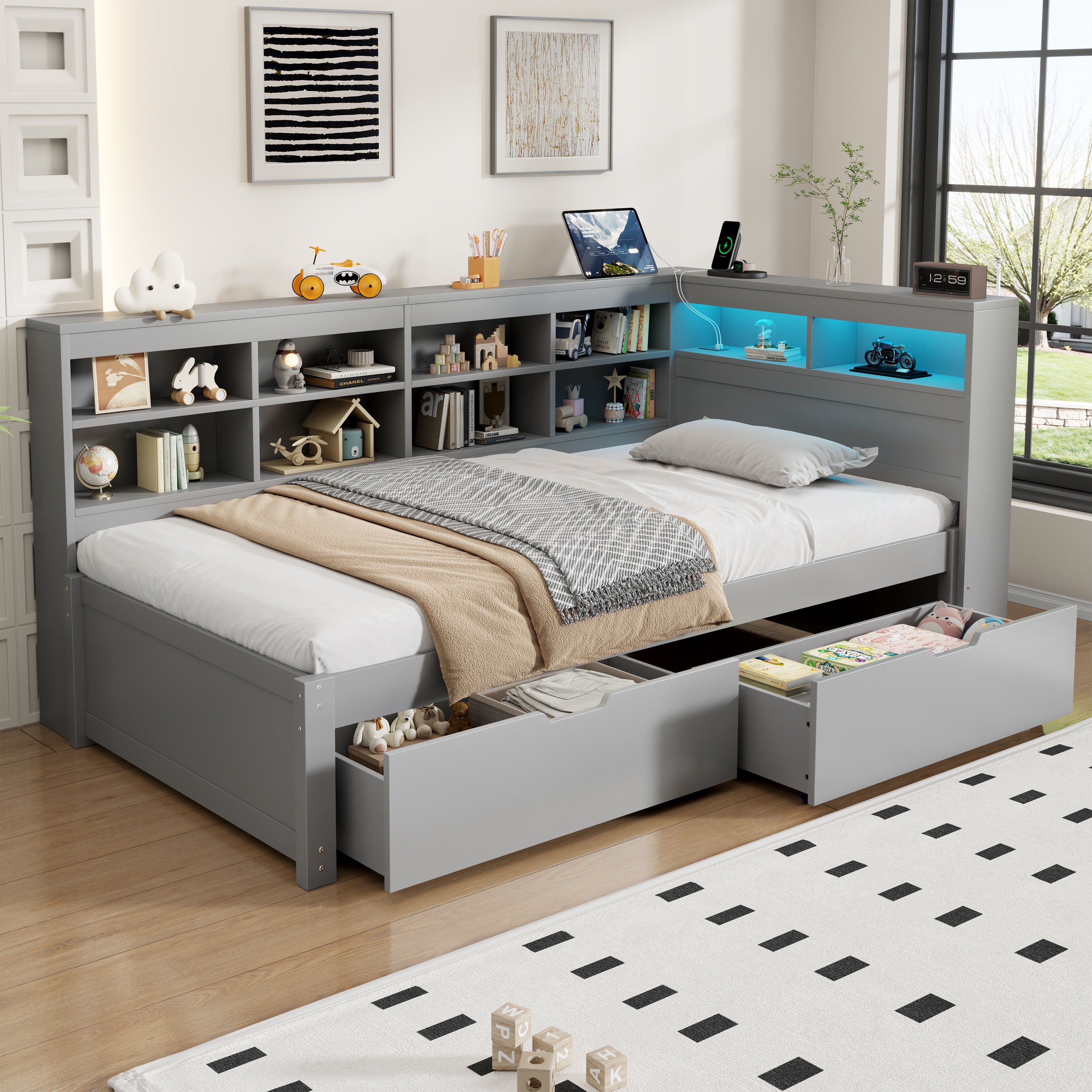 3ft Single Daybed with Two Storage Drawers and Beside Storage, LED Modern Bed frame with Charging Station, Wood Bed for Living Room/ Bedroom/ Study Room, 90X190cm, Easy Assembly, Grey (No Mattress)