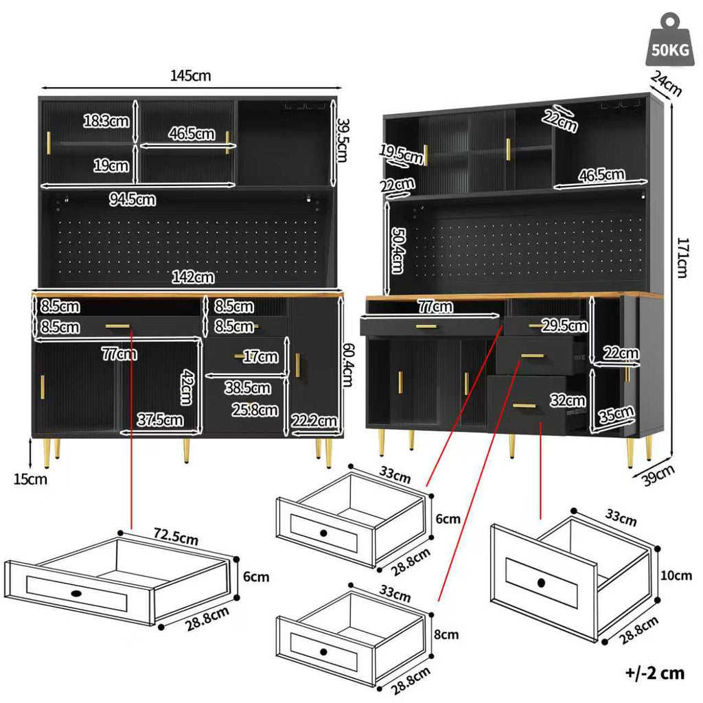 Highboard with LED Lighting & Pegboard Shelves, Tall Cabinet for Living Room, Kitchen & Dining Room Storage, Adjustable Freestanding Cupboard, 145x24x171cm, Black