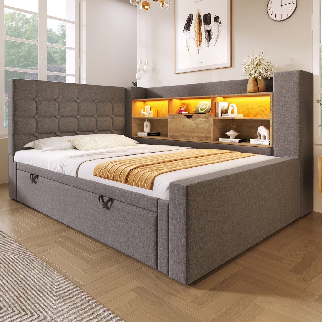 Daybed Upholstered Bed 90 x 190 cm, 3FT Single Sofa Bed with Storage, USB &Type-C Charging Station, Pull out Trundle for Living Room and Bedroom, Linen, Grey (No Mattress)