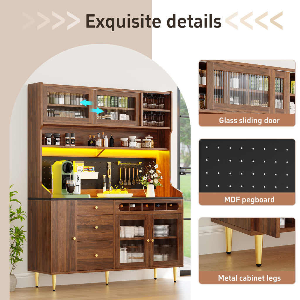 Highboard with Adjustable Shelves & LED Lights, Freestanding Storage Unit for Living Room Kitchen Dining, Tall cabinet with wine rack, Dimensions 145x39x171cm,Walnut color