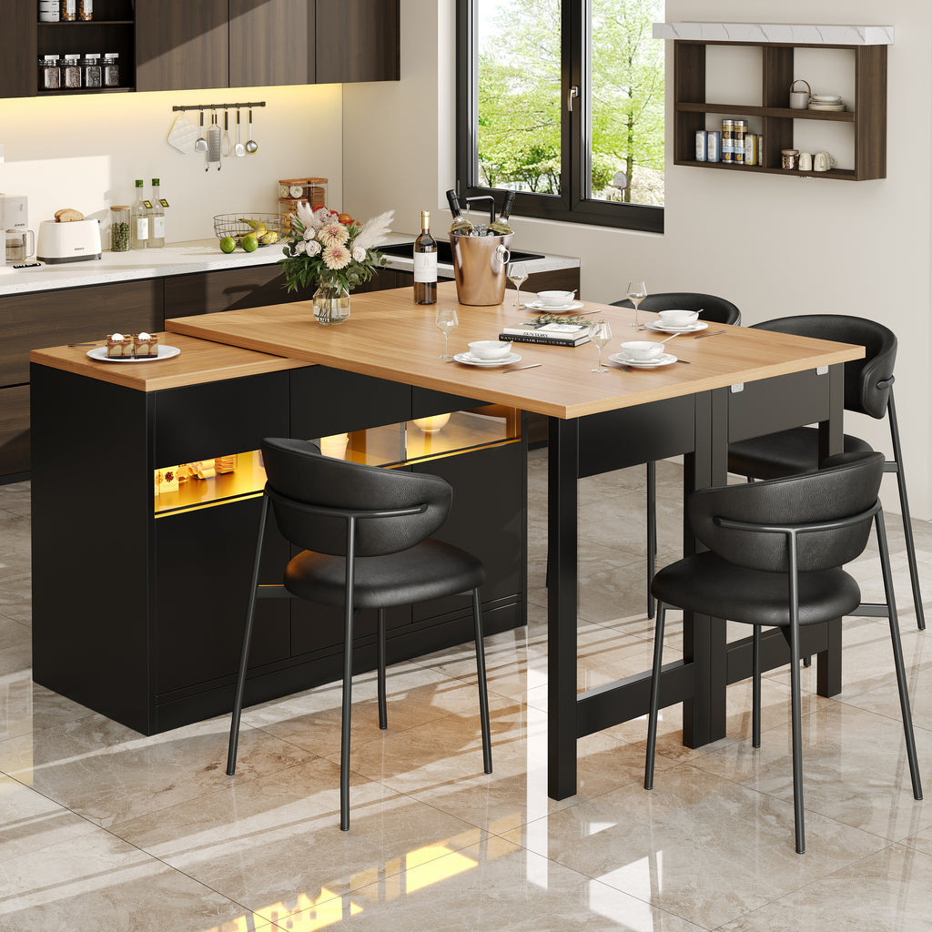 Extendable bar table with LED lighting and 360° swivel function, adjustable length 120-180 cm, modern kitchen island table with storage space, for living room, dining room, home office