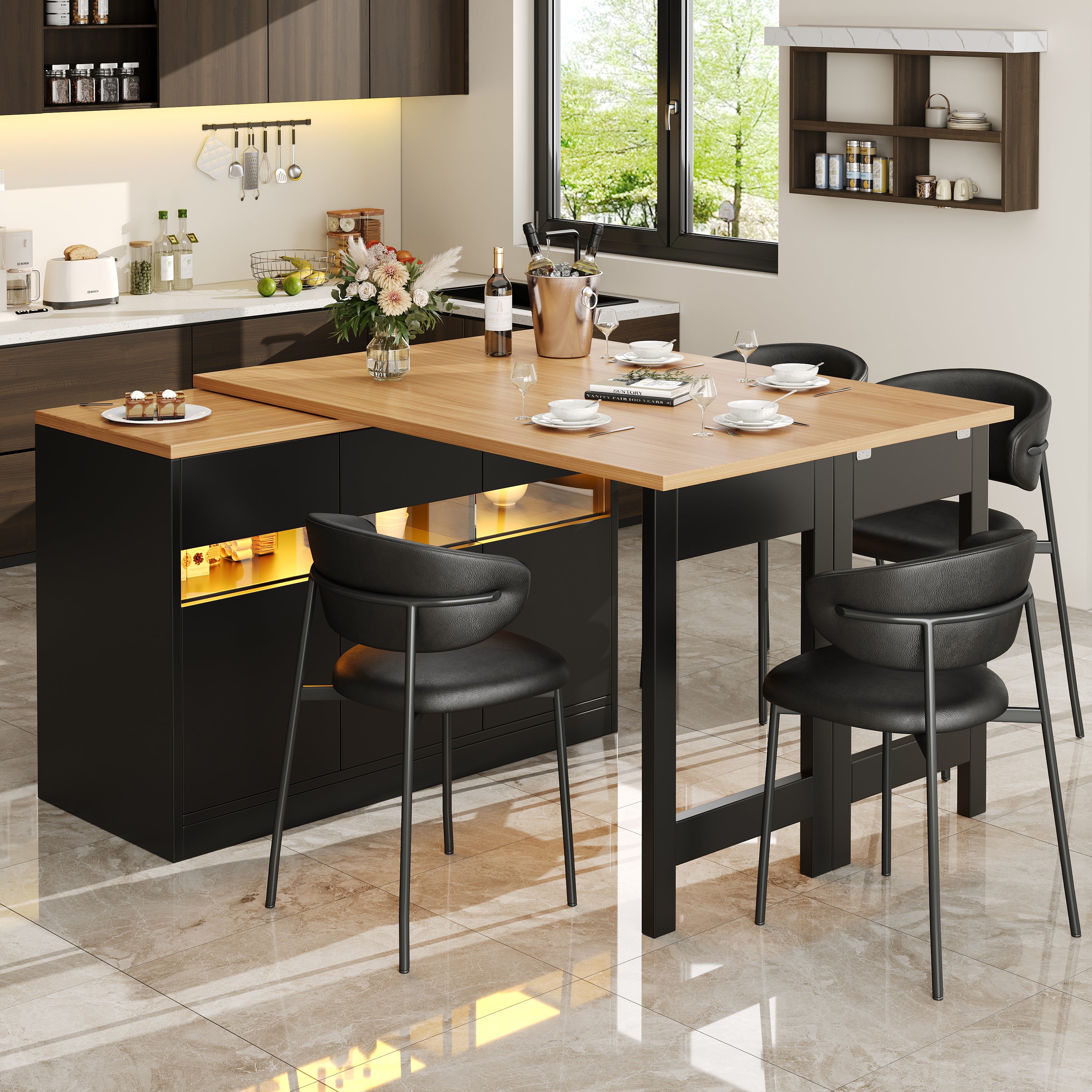 Extendable bar table with LED lighting and 360° swivel function, adjustable length 120-180 cm, modern kitchen island table with storage space, for living room, dining room, home office