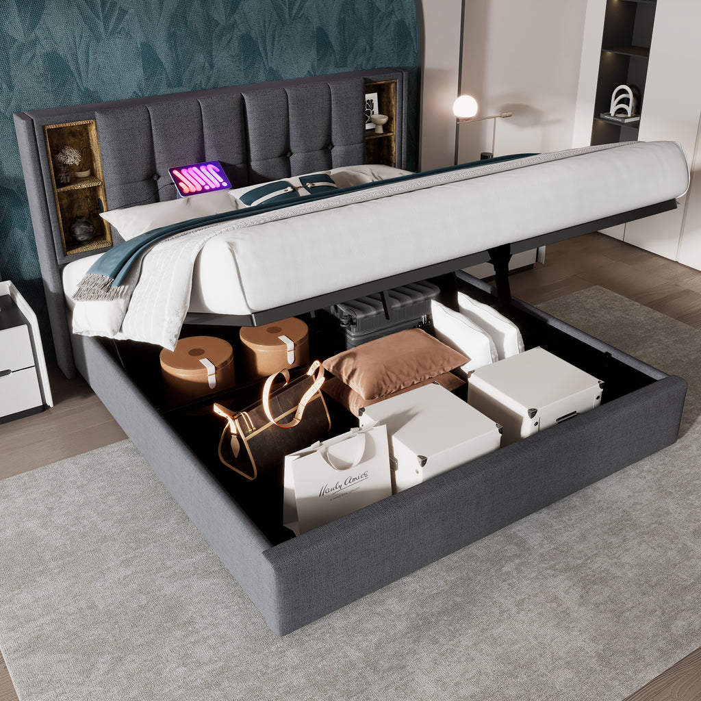 Upholstered Bed 5FT King Size Bed 150 x 200 cm with Wireless Charging(USB Type-C), Hydraulic Bed with Large Storage Space, Linen Fabric,Grey(No Mattress)