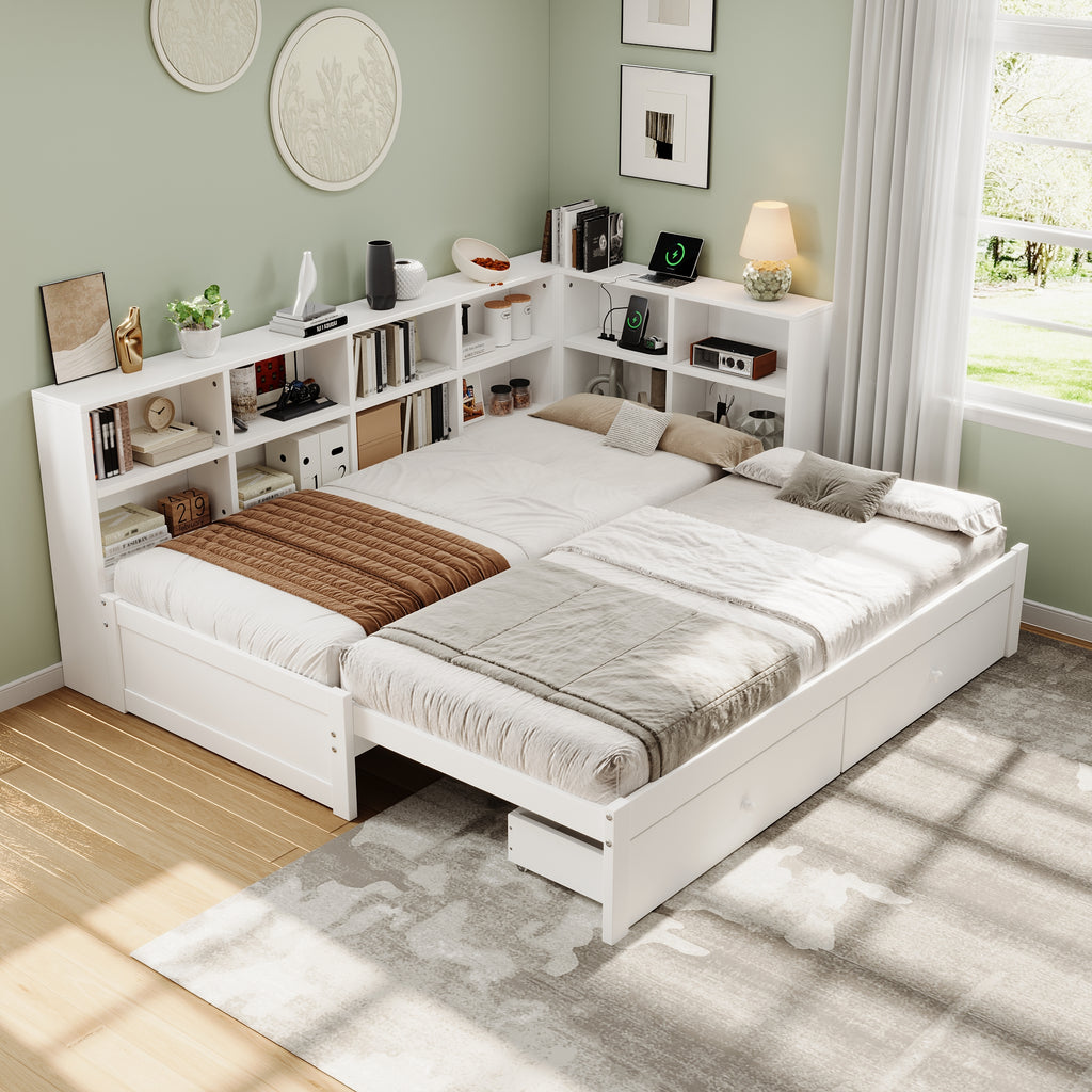 3ft Single Daybed with Two Storage Drawers and Beside Storage, Modern Pull-out Trundle Bed with Charging Station, Wood Bed for Living Room/ Bedroom/ Study Room, 90X190cm, White (No Mattress)