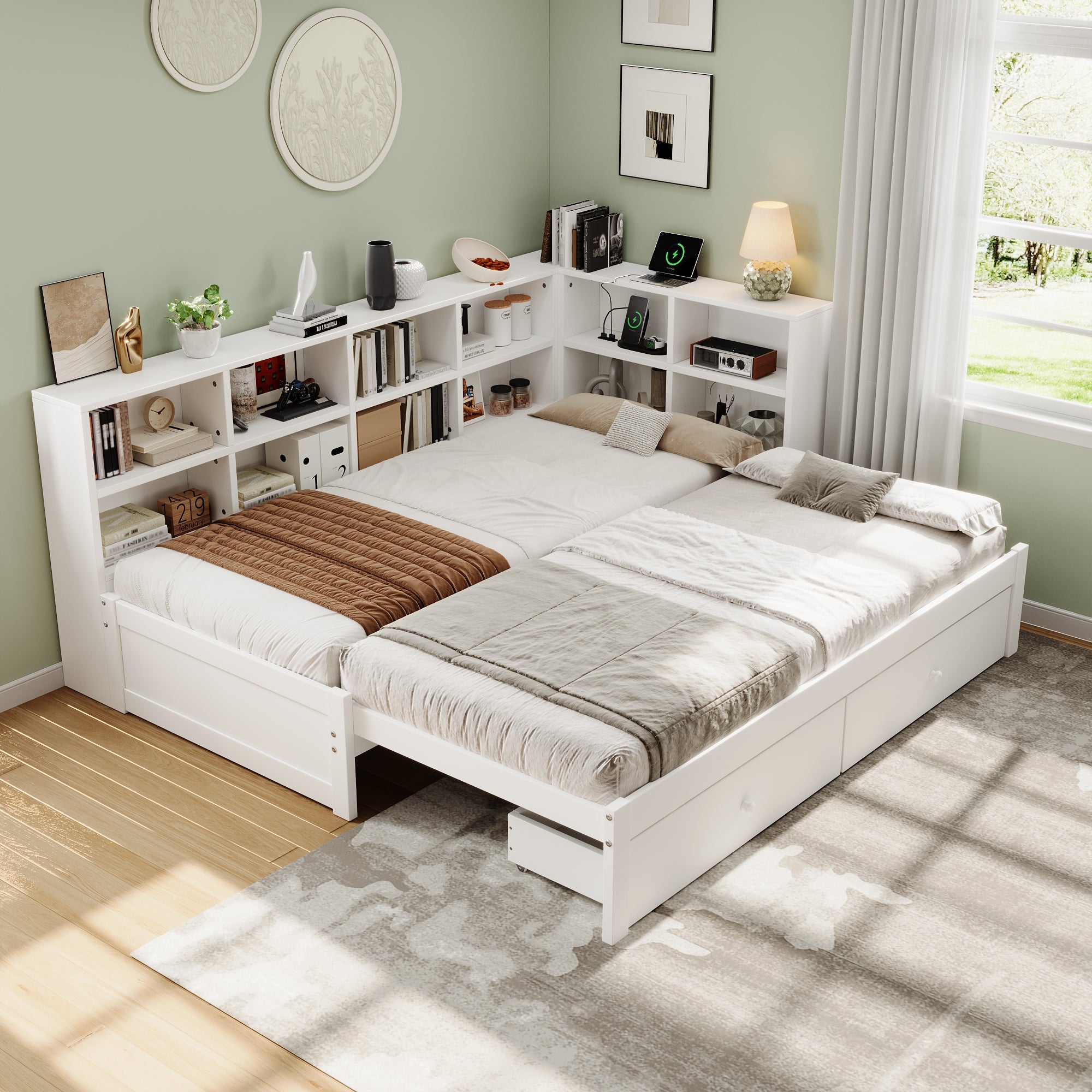 3ft Single Daybed with Two Storage Drawers and Beside Storage, Modern Pull-out Trundle Bed with Charging Station, Wood Bed for Living Room/ Bedroom/ Study Room, 90X190cm, White (No Mattress)