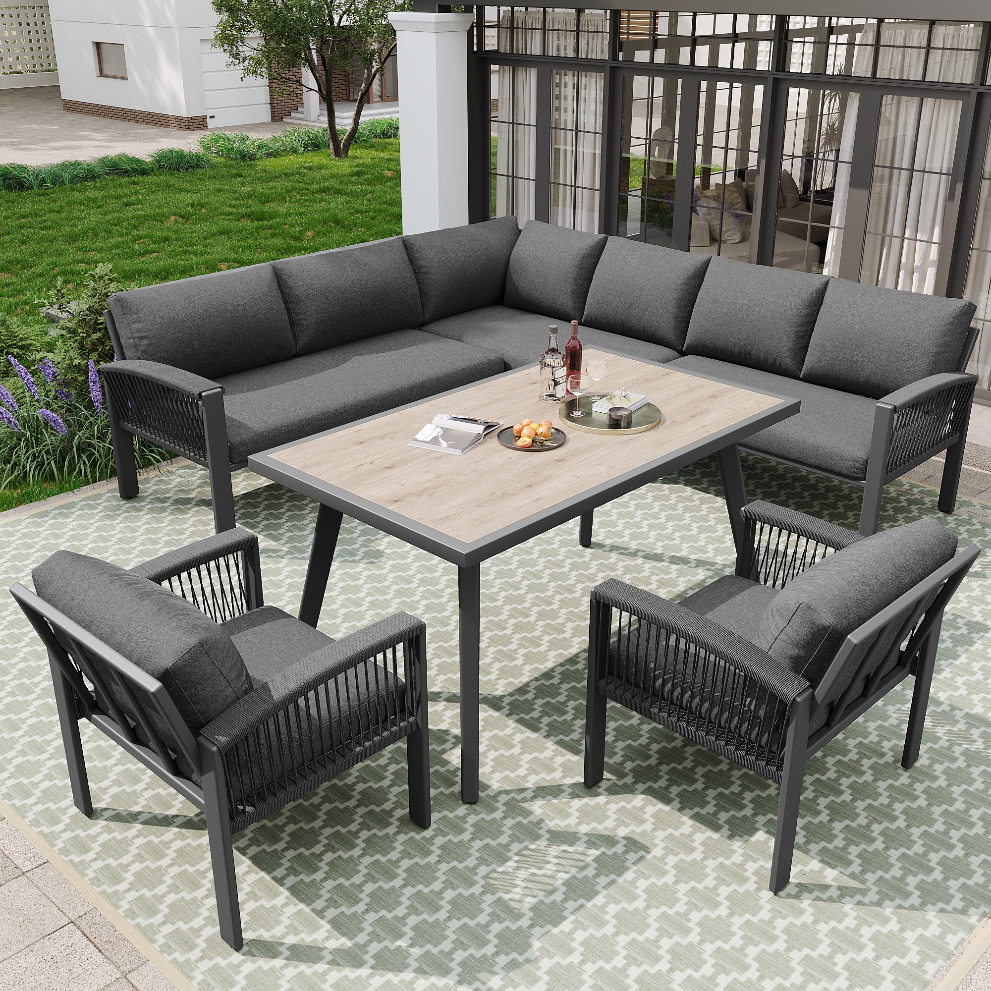 Garden Lounge Set, Furniture Set for 8 People, Ropework, Large Table with Wood Grain Finish, Galvanized Iron Frame, Adjustable Legs, All Seat and Back Cushions Included, Gray