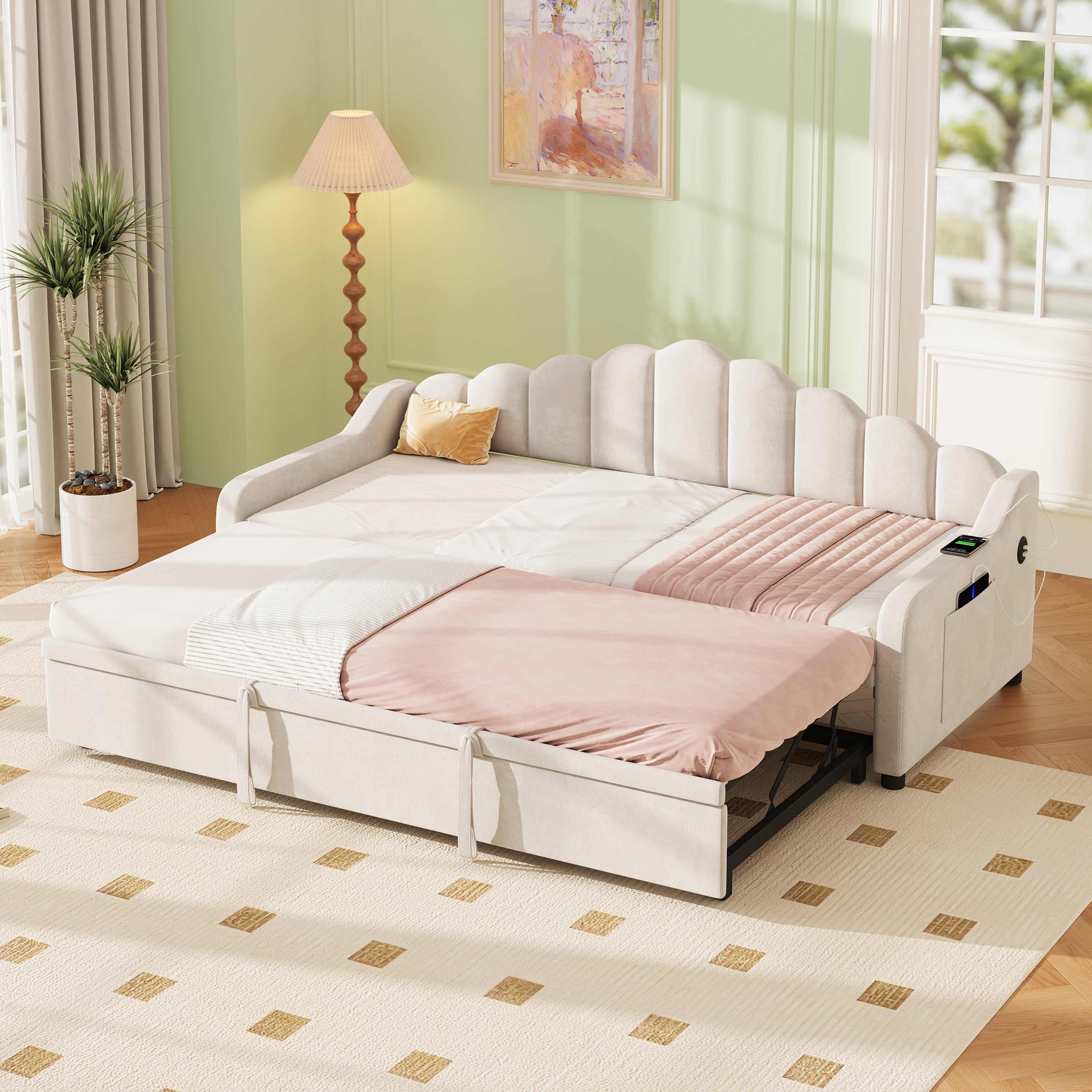 3ft Single Daybed with Pull-out Trundle, Velvet Upholstered Sofa Bed with Side Charging Station & Storage Pockets, Chic Fluted Scalloped Backrest, Beige (No Mattress)