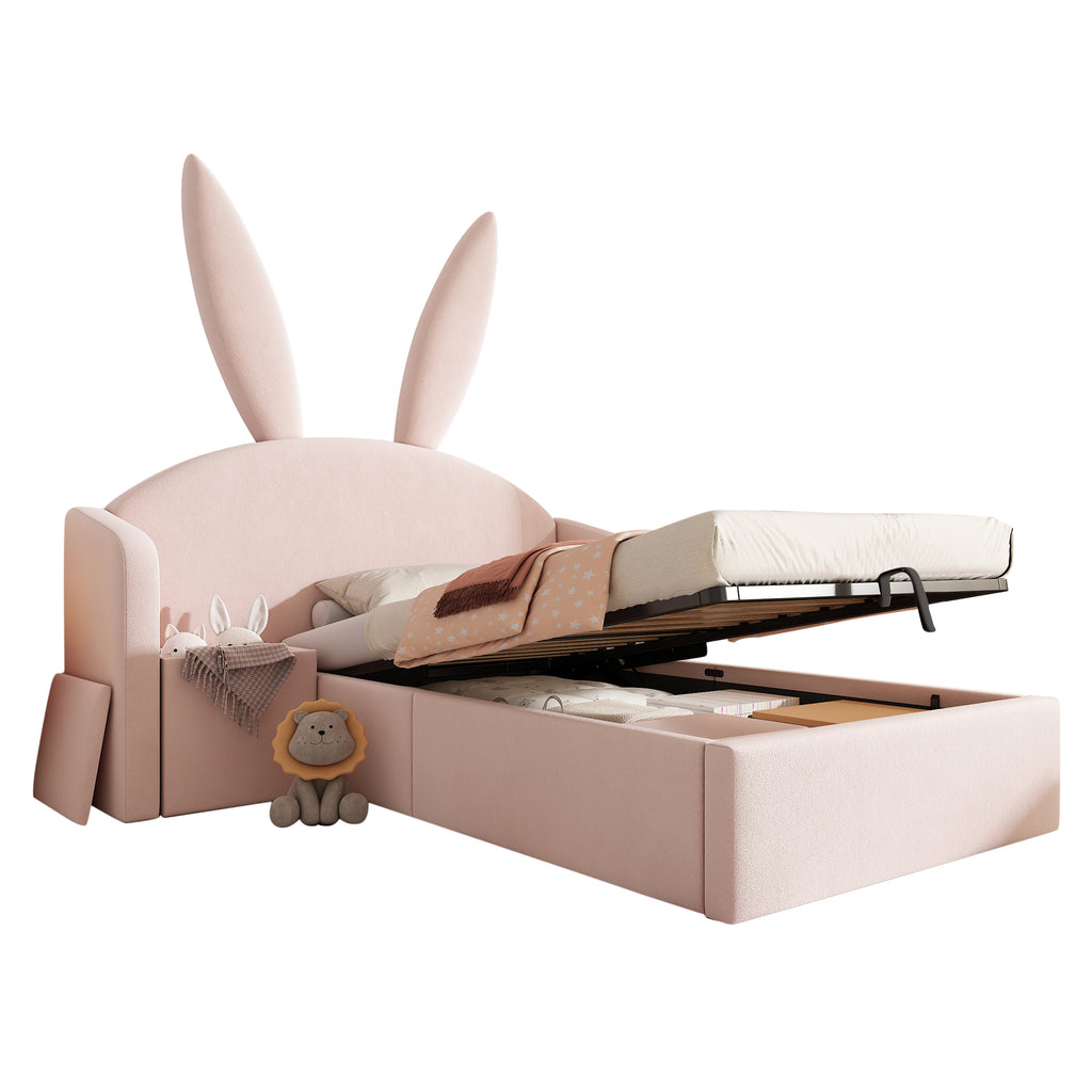 Bunny Ears Kids Bed, Single Upholstered Bed with Hydraulic Storage & Nightstand, Children Bed Frame for Girls Bedroom, 90 x 190 cm, Rose, No Mattress