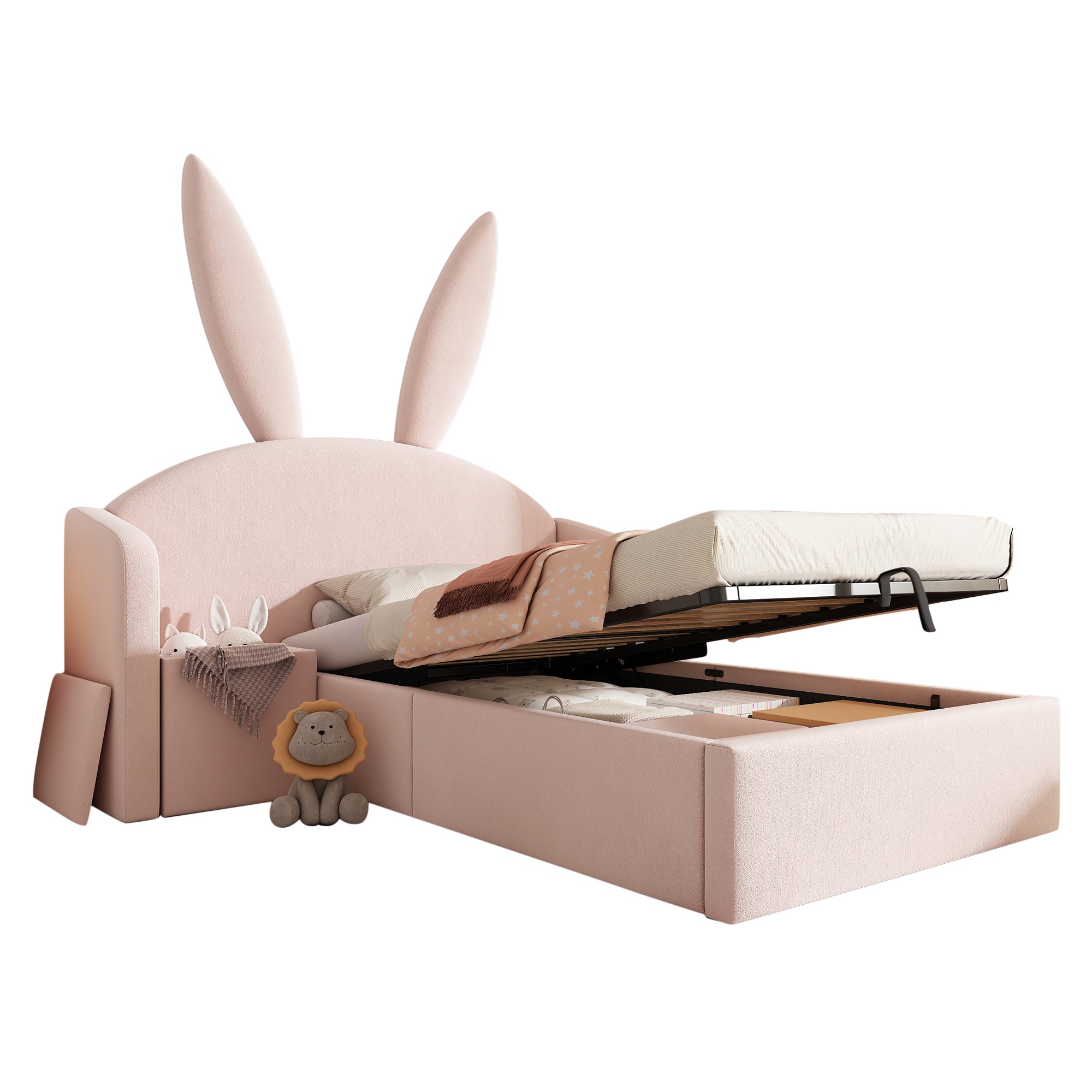 Bunny Ears Kids Bed, Single Upholstered Bed with Hydraulic Storage & Nightstand, Children Bed Frame for Girls Bedroom, 90 x 190 cm, Rose, No Mattress