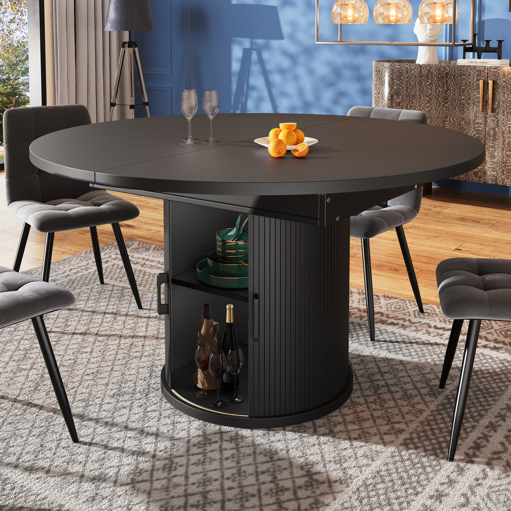 Extendable dining table, dining room table, kitchen table, balcony table, extendable table top Round dining table, extends to oval, 118–158 cm, seats up to 6 people, walnut/black