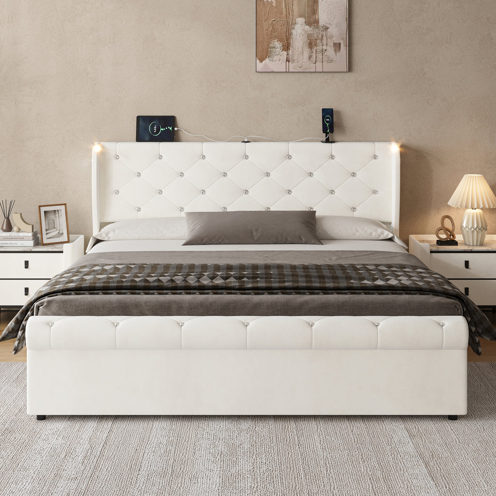 5ft King Upholstered Bed Frame with Hydraulic Storage,  Diamond Tufted Headboard with Charging Station and Reading Light, USB and Type - C Ports, Velvet, Beige (No Mattress)