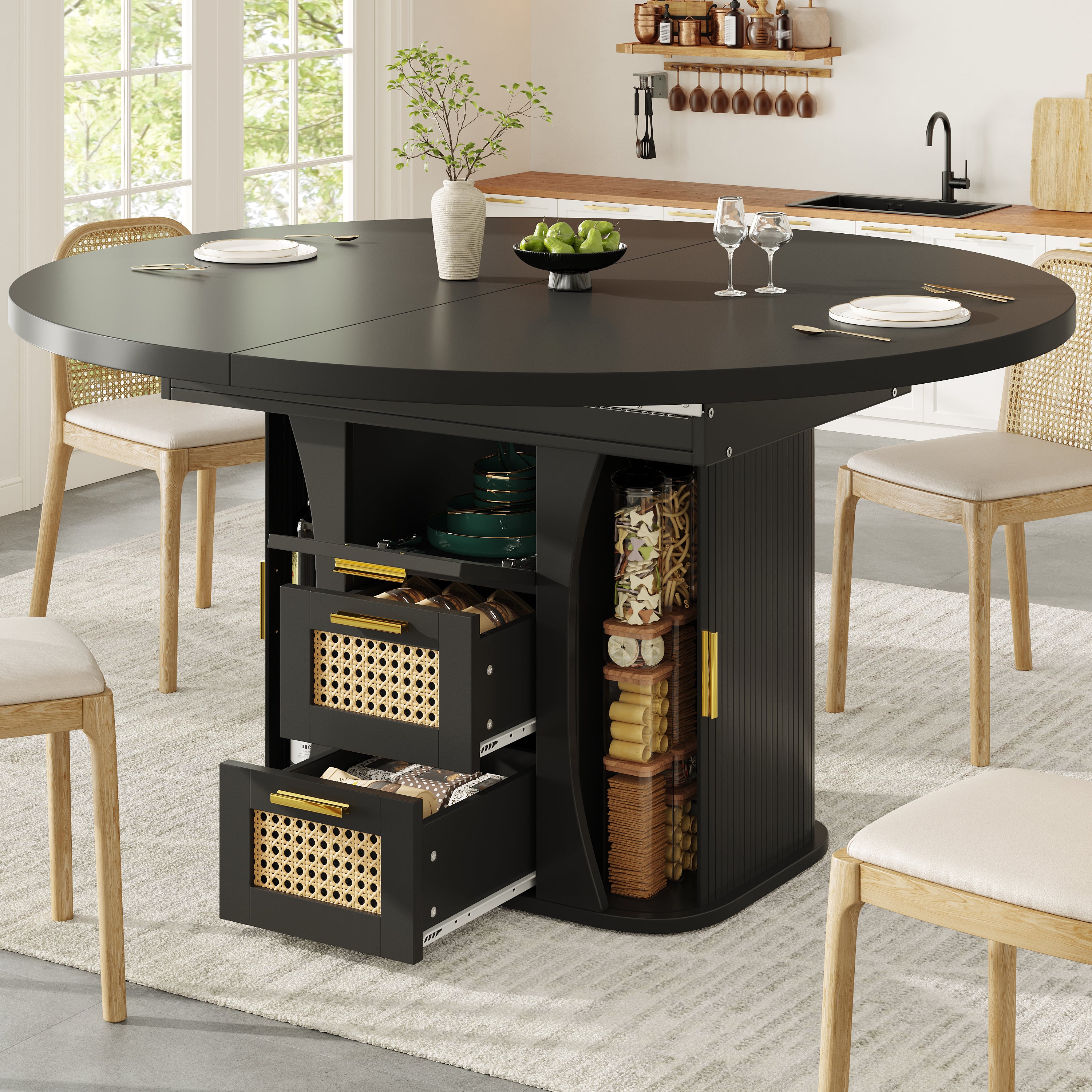 Extendable dining table with storage, 118–158cm table with rattan drawers, MDF wood look, black / natural wood / oak look